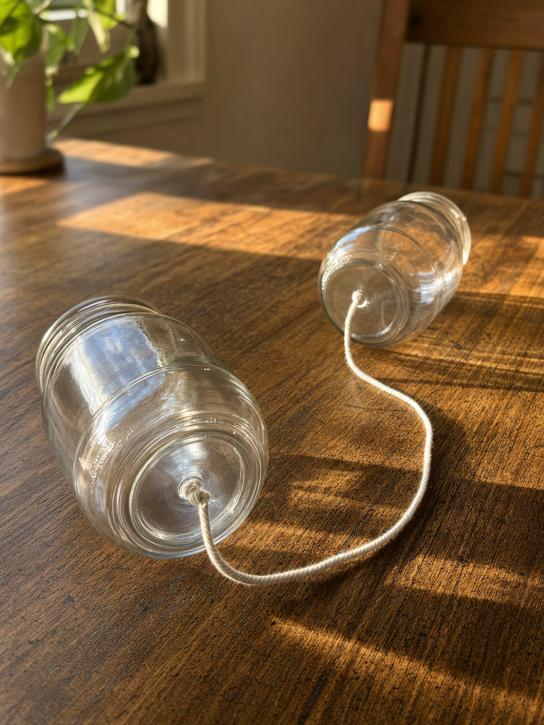 A homemade telephone made from two glass jars connected by a piece of string, lying on a wooden table with sunlight streaming through a window.