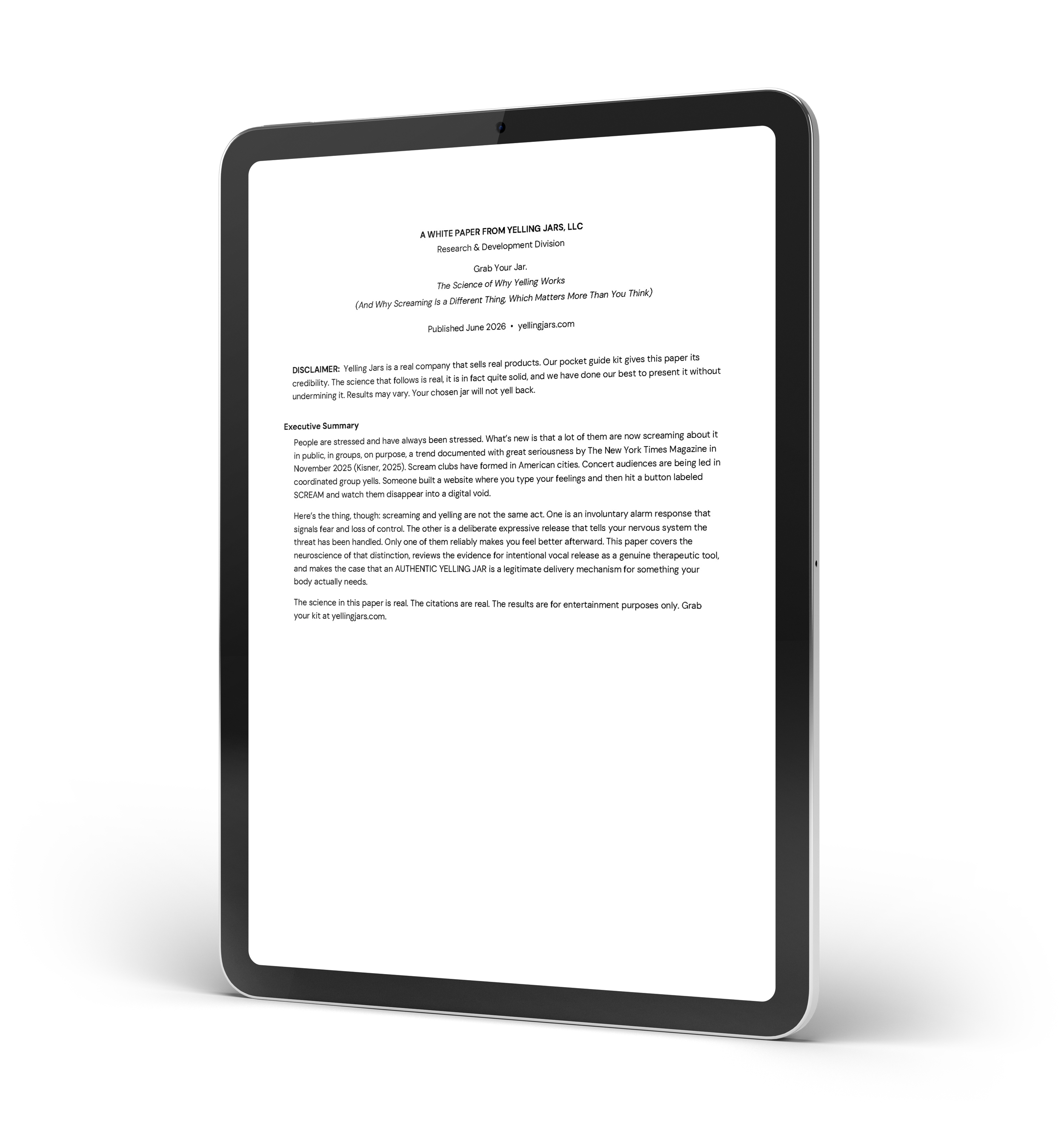 isolated image of a tablet displaying the first page of the yelling jars whitepaper