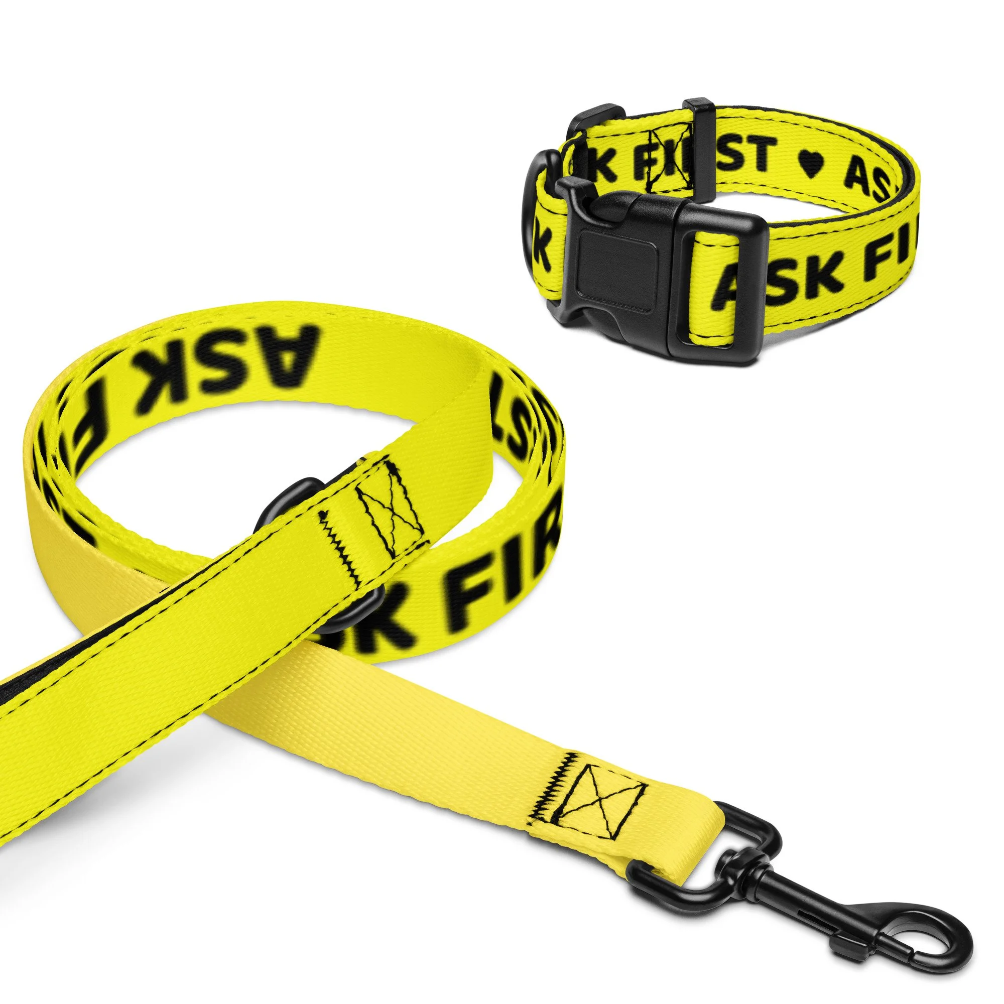Yellow ASK FIRST collar and leash shown together, buckle and metal snap hook visible