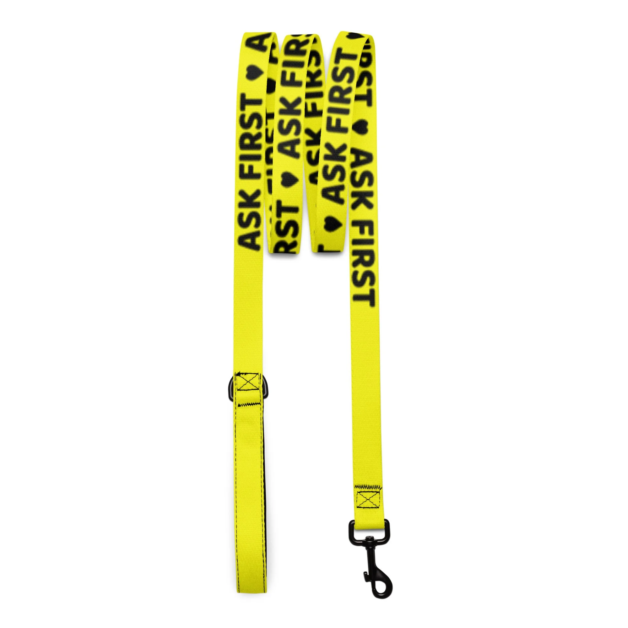 Yellow ASK FIRST dog leash hanging full length with a metal snap hook