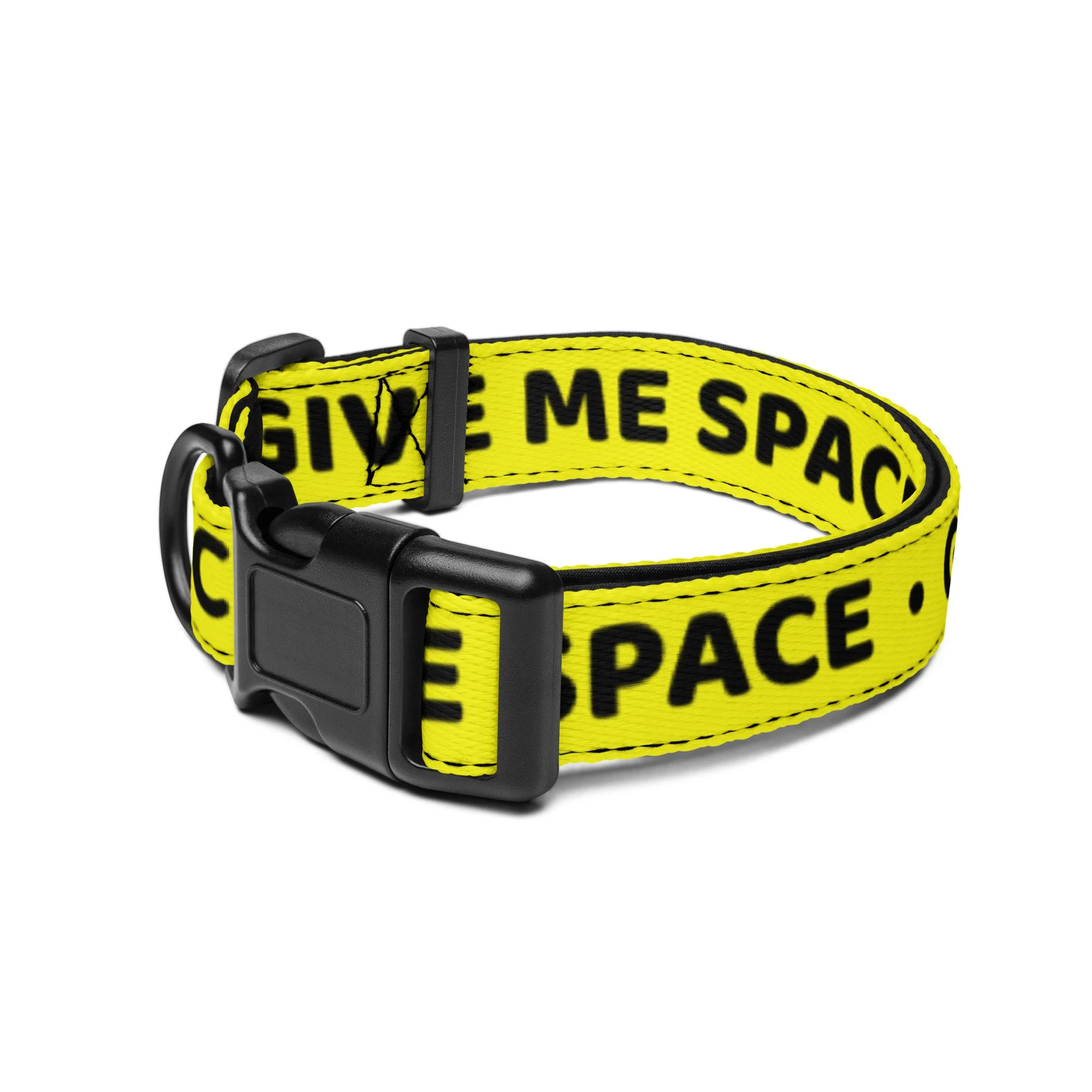 Close-up of the adjustable black buckle on the yellow GIVE ME SPACE collar