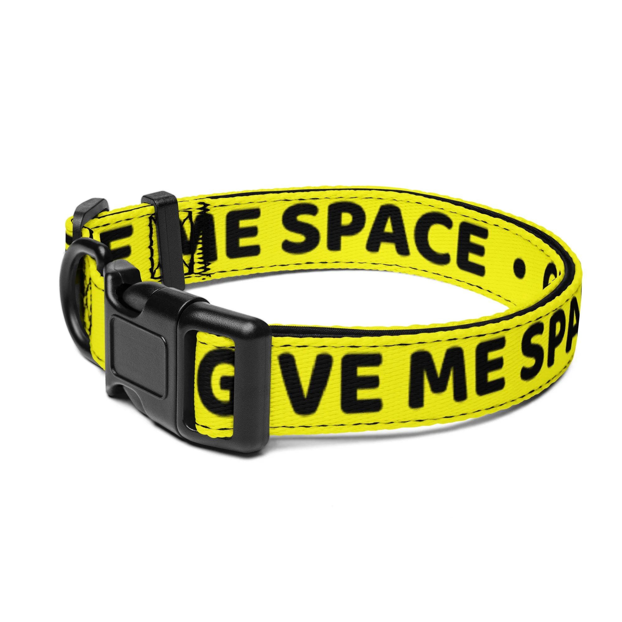 Yellow GIVE ME SPACE dog collar shown flat with its black buckle