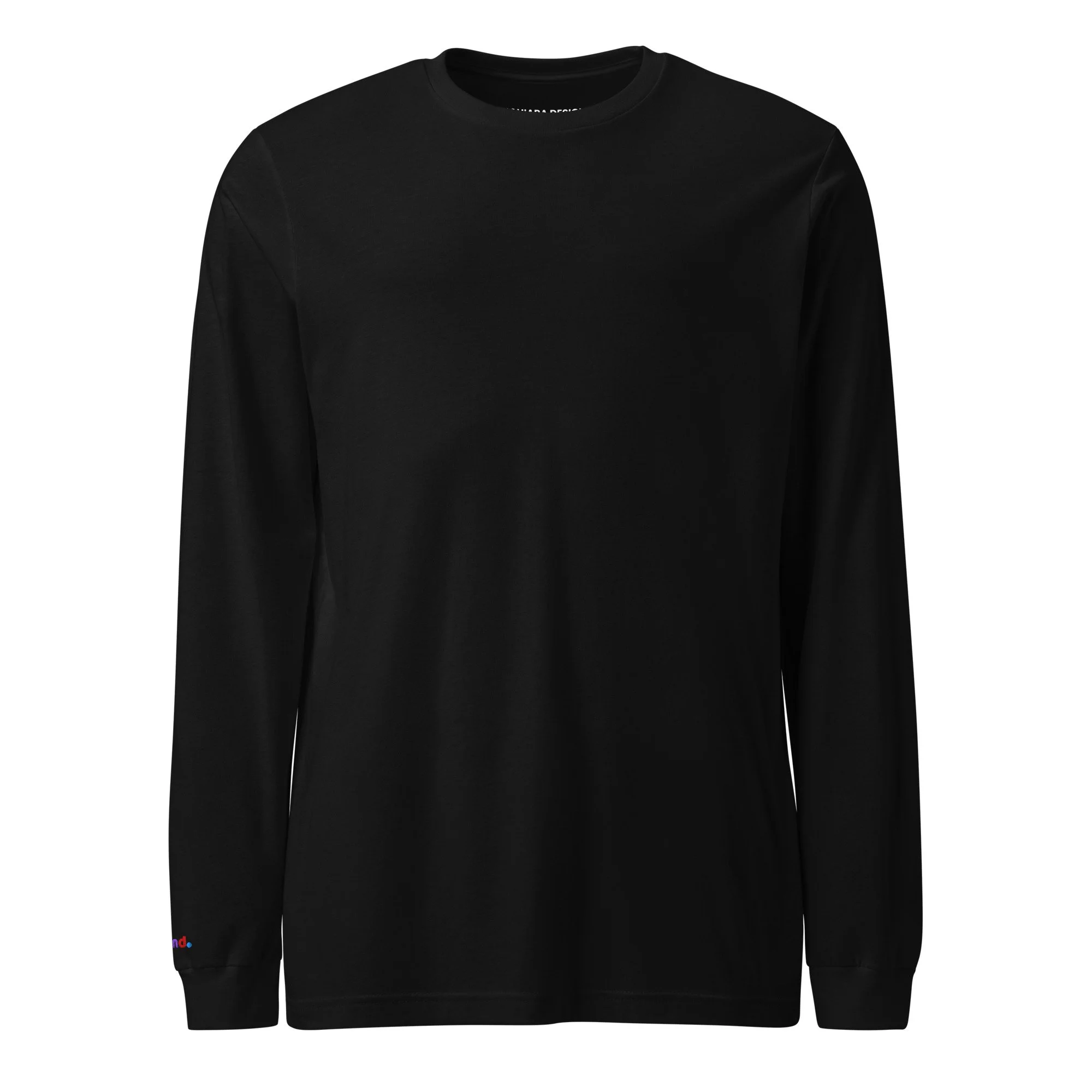 Black long sleeve tee shown from the front with the rainbow be kind embroidered at the right wrist