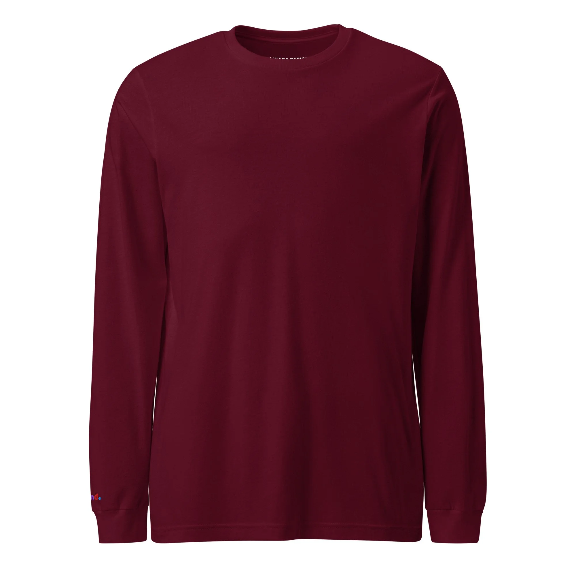 Maroon long sleeve tee shown from the front with the rainbow be kind embroidered at the right wrist