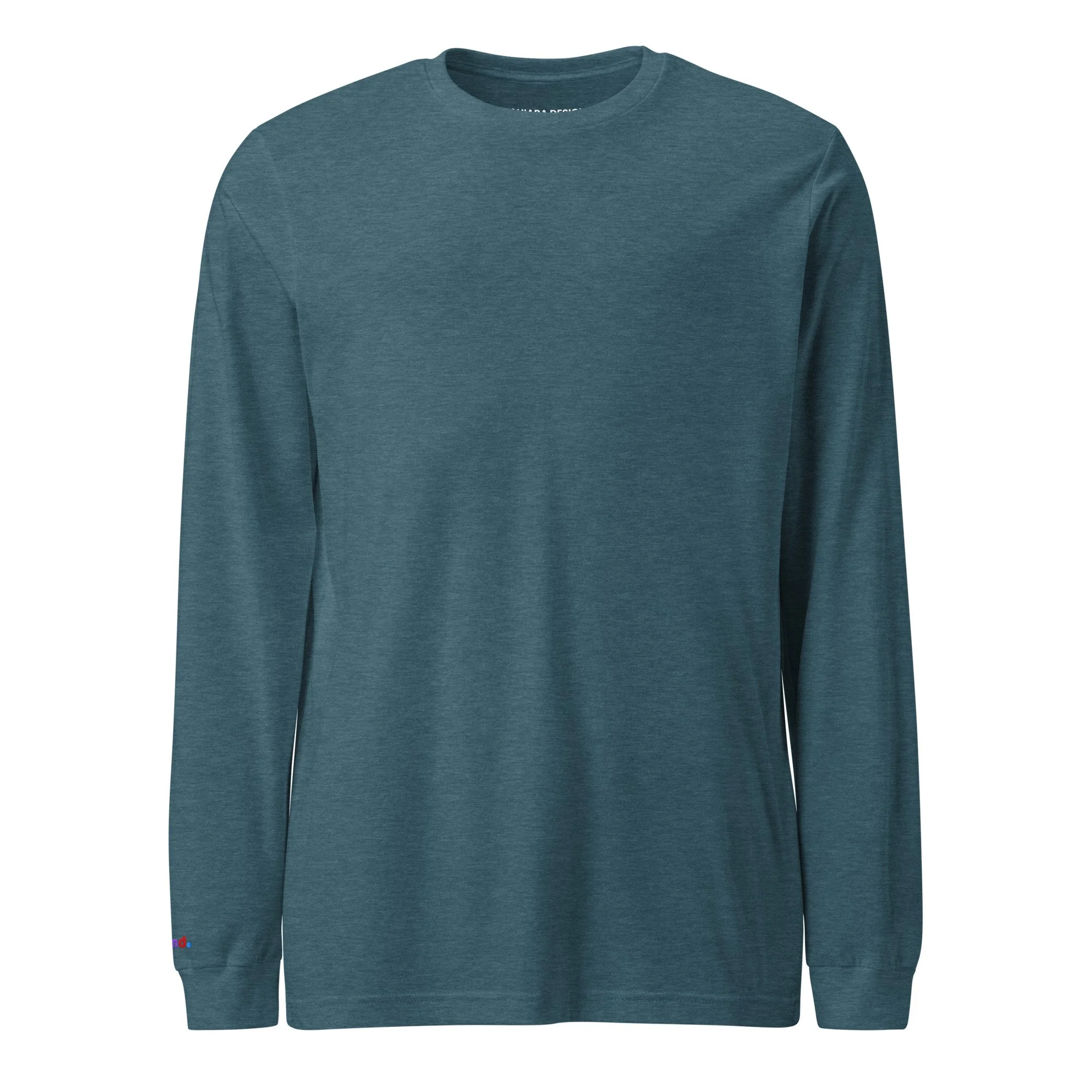 Heather deep teal long sleeve tee shown from the front with the rainbow be kind embroidered at the right wrist