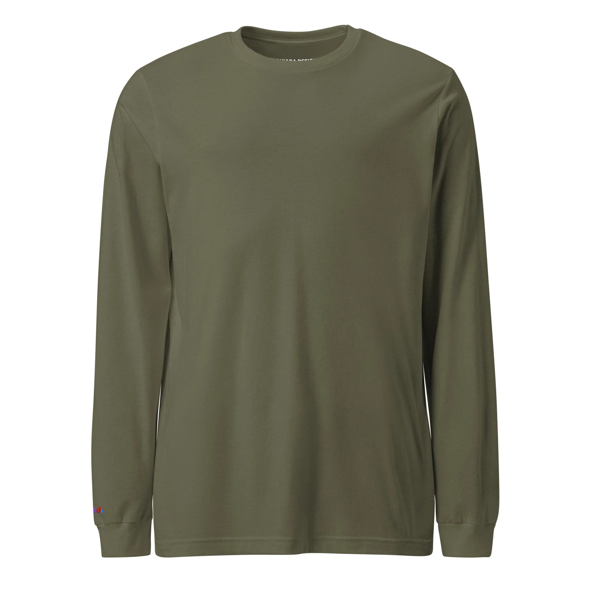 Military green long sleeve tee shown from the front with the rainbow be kind embroidered at the right wrist