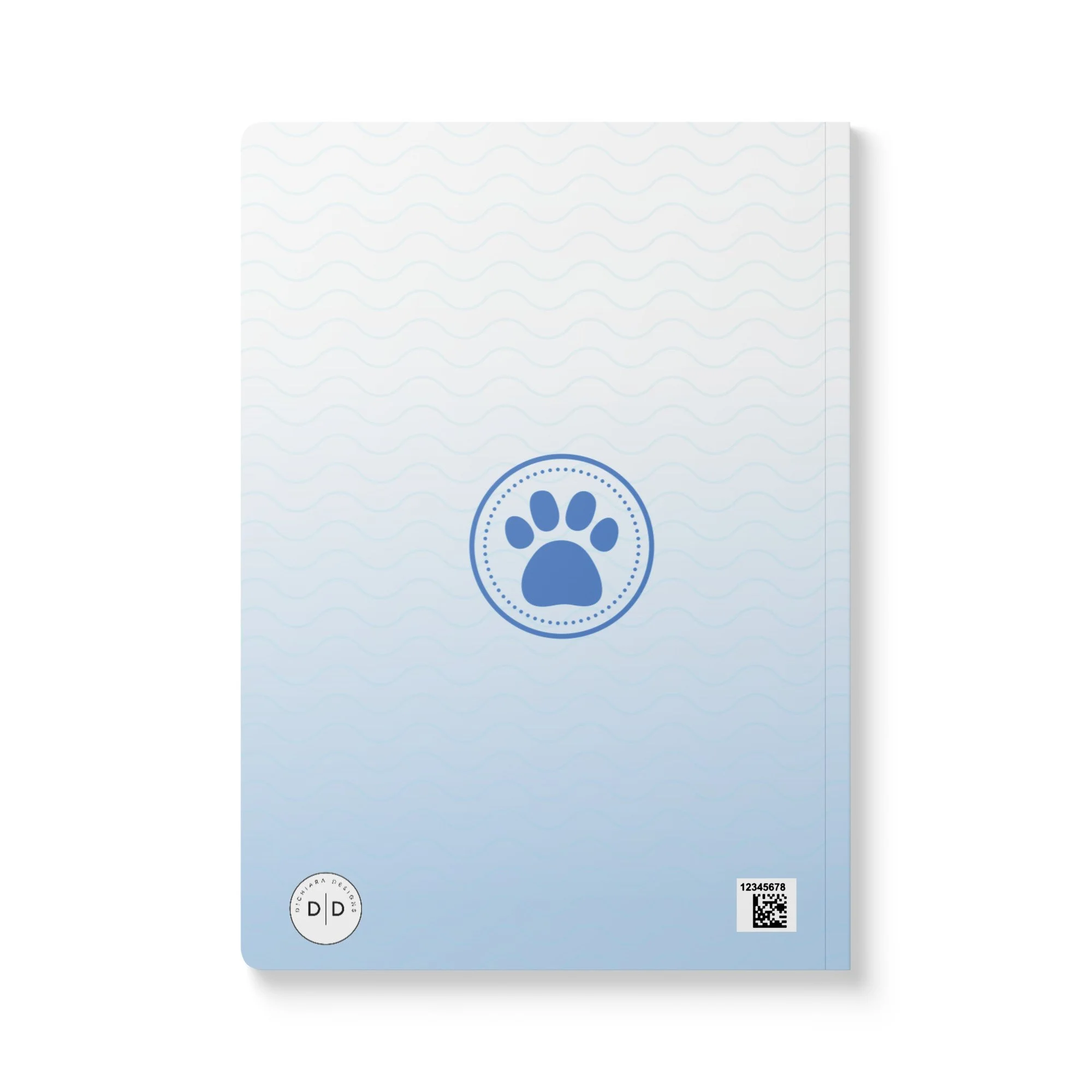 Back cover of the Be Kind journal in soft blue, showing the blue paw print in a circle