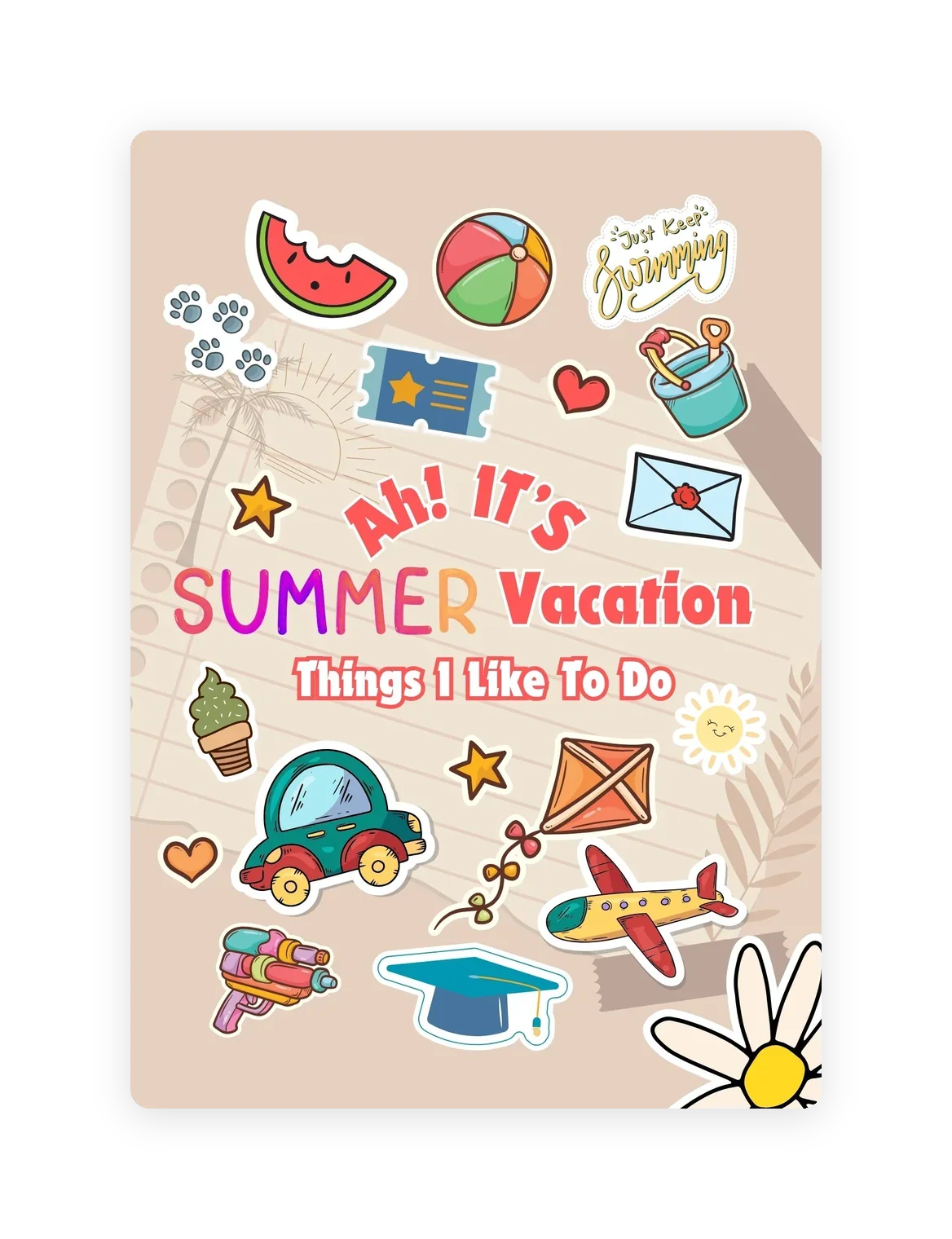 Ah! It's Summer Vacation coloring book — sticker-style cover with a watermelon, beach ball, ice cream, kite, and summer activity icons.