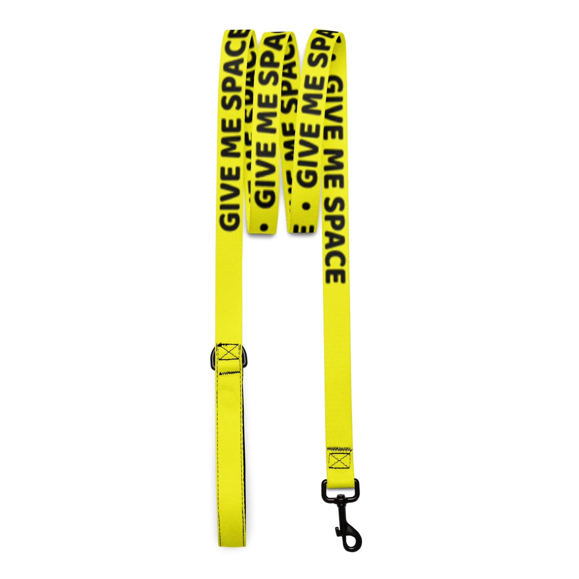 Yellow GIVE ME SPACE dog leash hanging full length with a metal snap hook