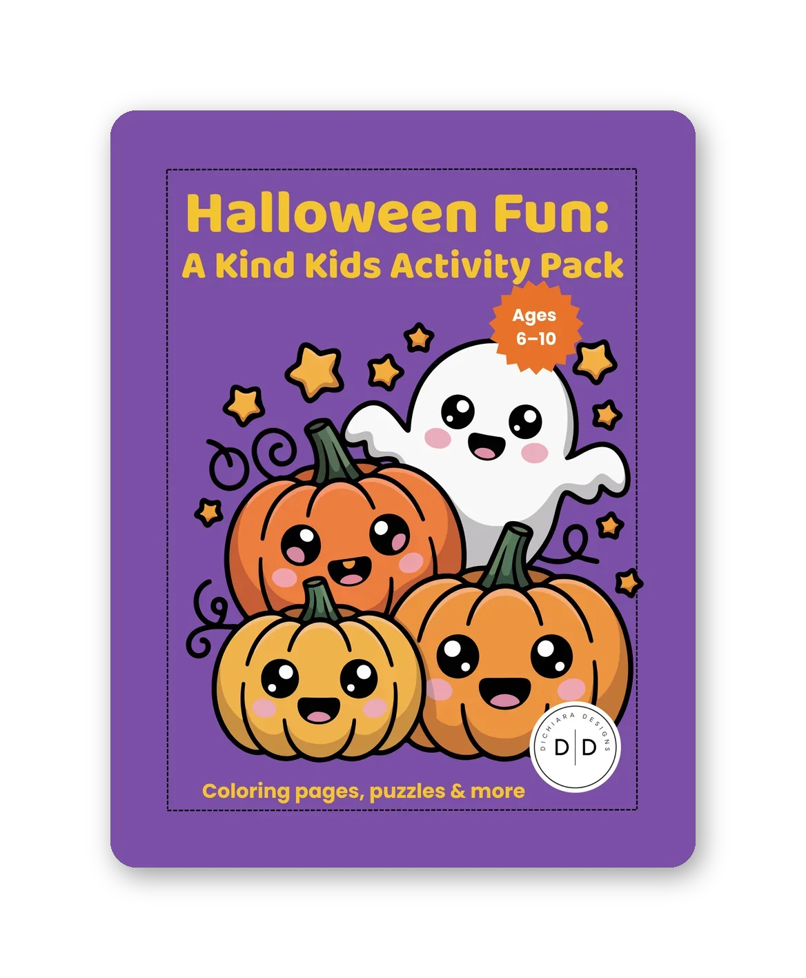 Halloween Fun: A Kind Kids Activity Pack cover — three smiling pumpkins and a friendly ghost
