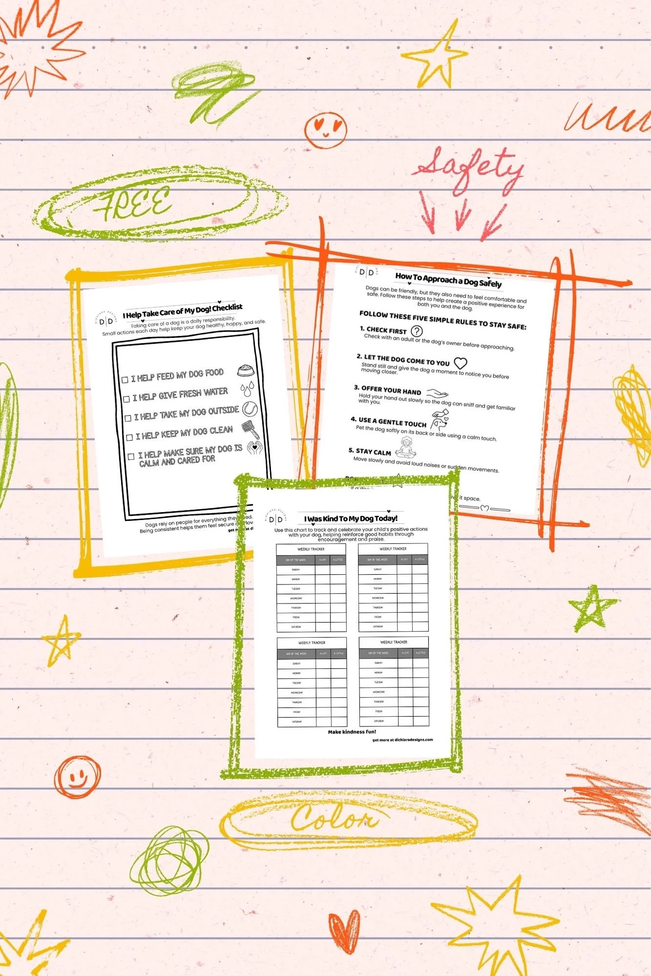 Inside Teaching Kids to Be Kind to Dogs — handwritten-style dog care notes, safety tips, and a weekly tracker with colorful doodles.