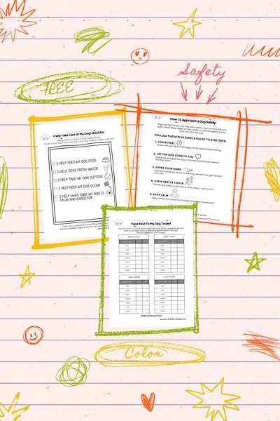Child's notebook page with doodles and handwritten notes, featuring three clipboards with checklists related to pet safety, surrounded by colorful stars, moons, and smiley faces.