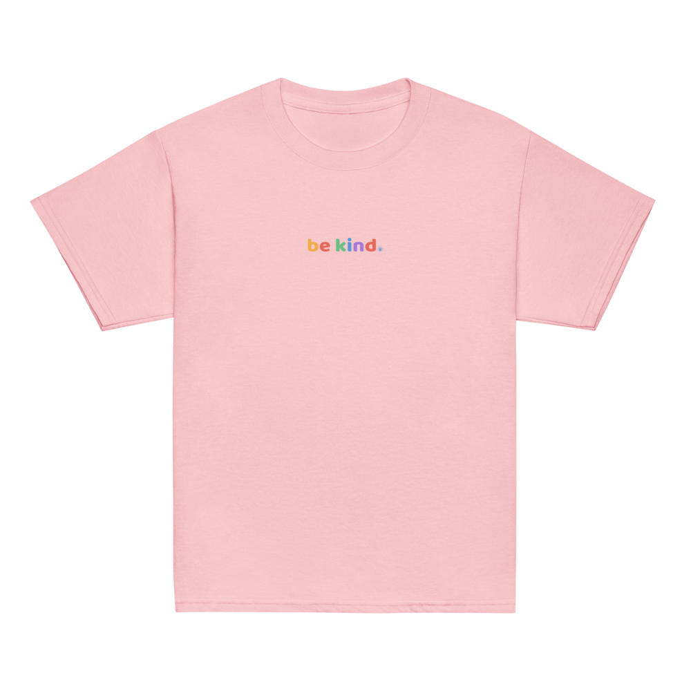 Light pink kids' t-shirt with a small rainbow be kind print on the chest