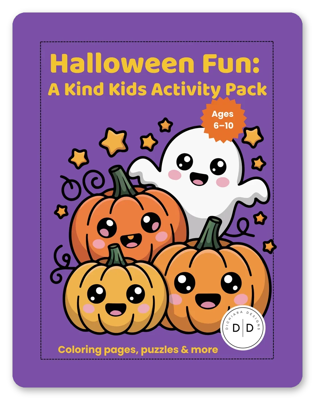 Cover of a children's activity book titled 'Halloween Fun: A Kind Kids Activity Pack' with cute cartoon pumpkins and a ghost against a purple background. The book is for ages 6-10 and includes coloring pages, puzzles, and more.