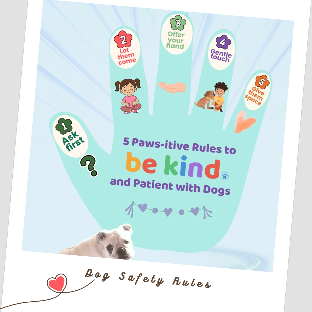 Five dog safety rules for kids, featuring ask first, let them come, offer your hand, gentle touch and give them space. it shows a teal handprint with one rule on each finger, graphics for each rule on a blue background.