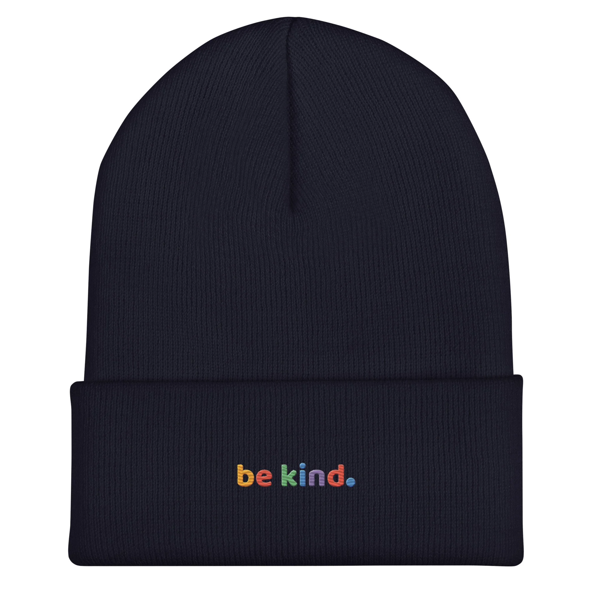 Navy cuffed beanie with the rainbow be kind embroidered on the cuff
