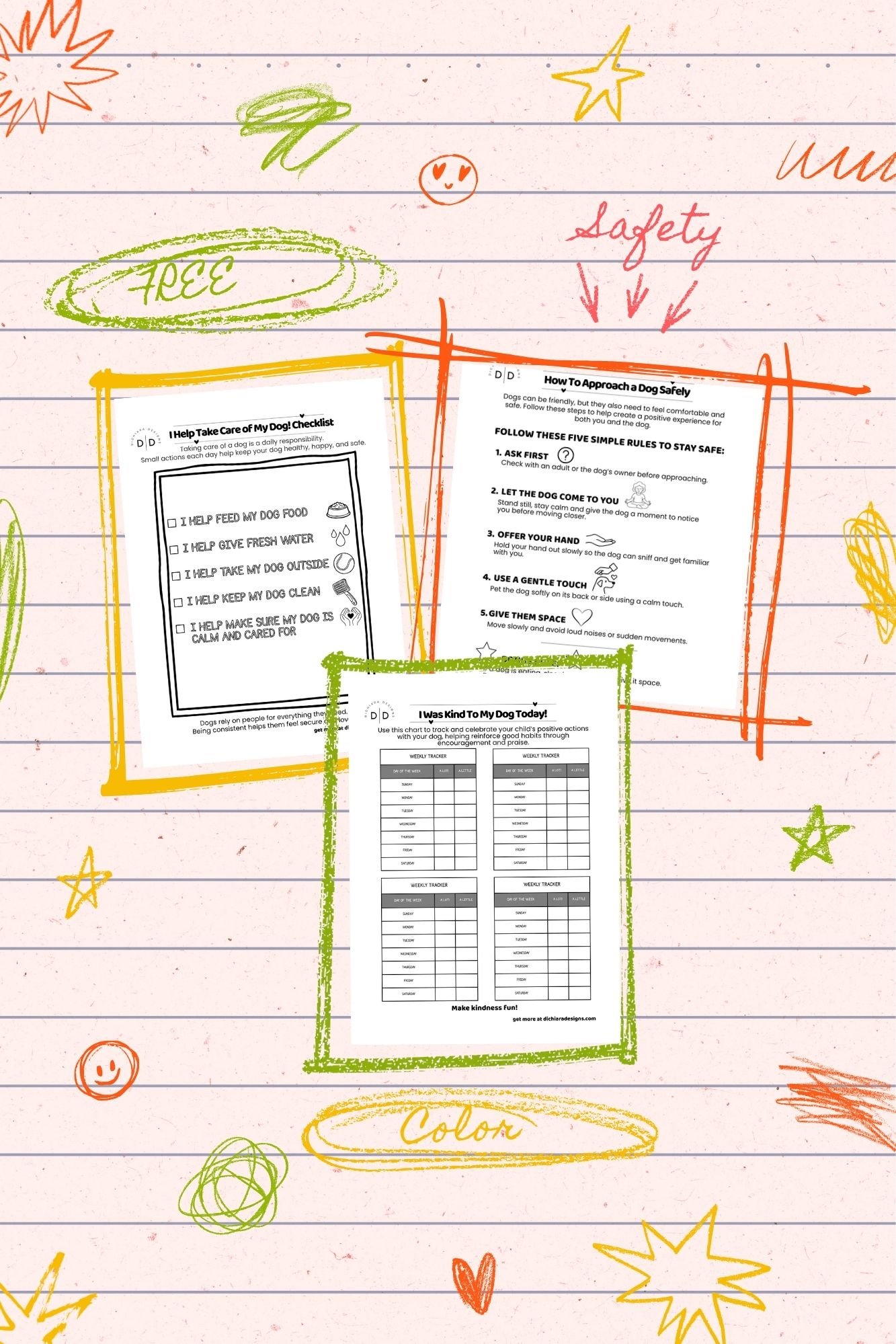 Inside Teaching Kids to Be Kind to Dogs — handwritten-style dog care notes, safety tips, and a weekly tracker with colorful doodles.