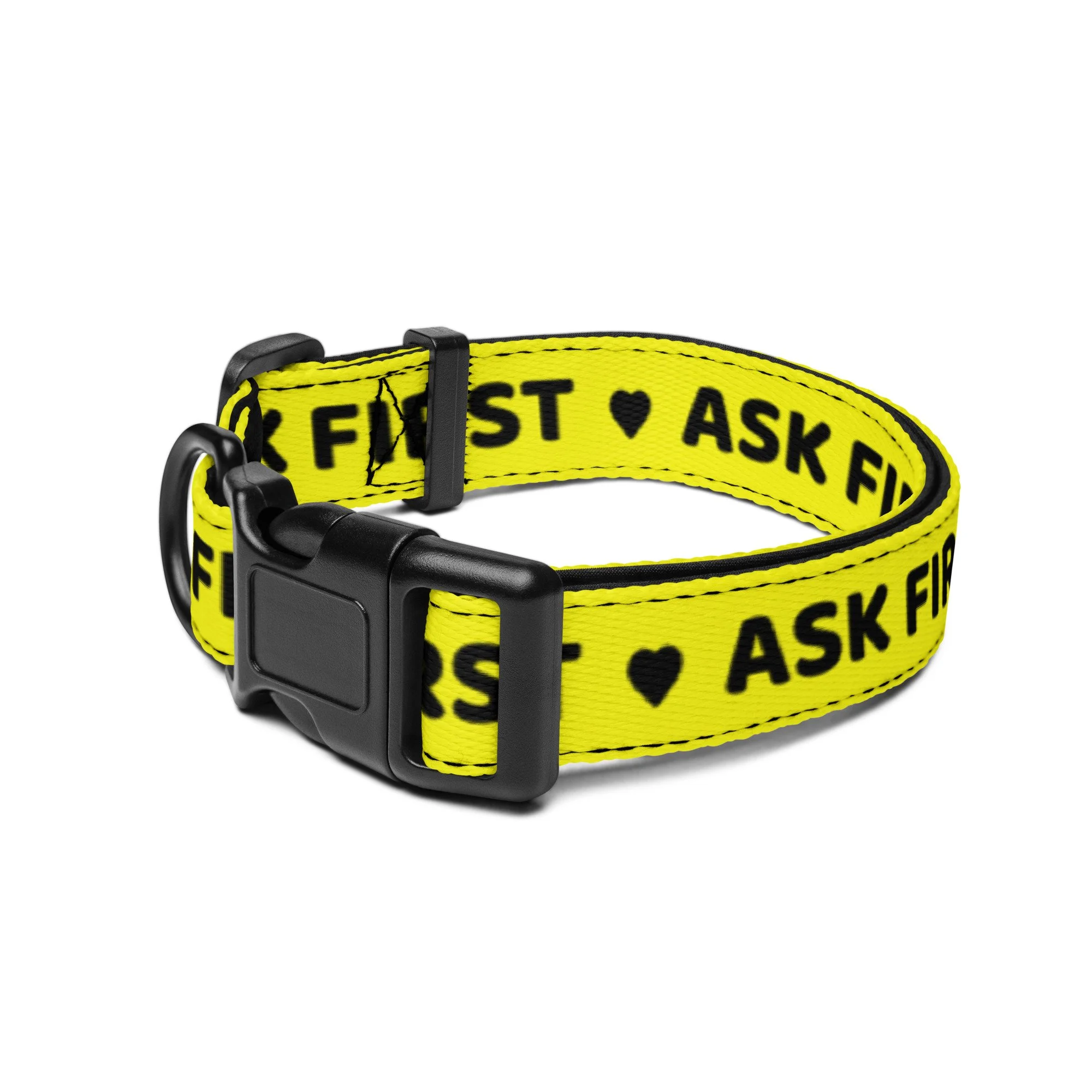 Close-up of the adjustable black buckle on the yellow ASK FIRST collar in size medium