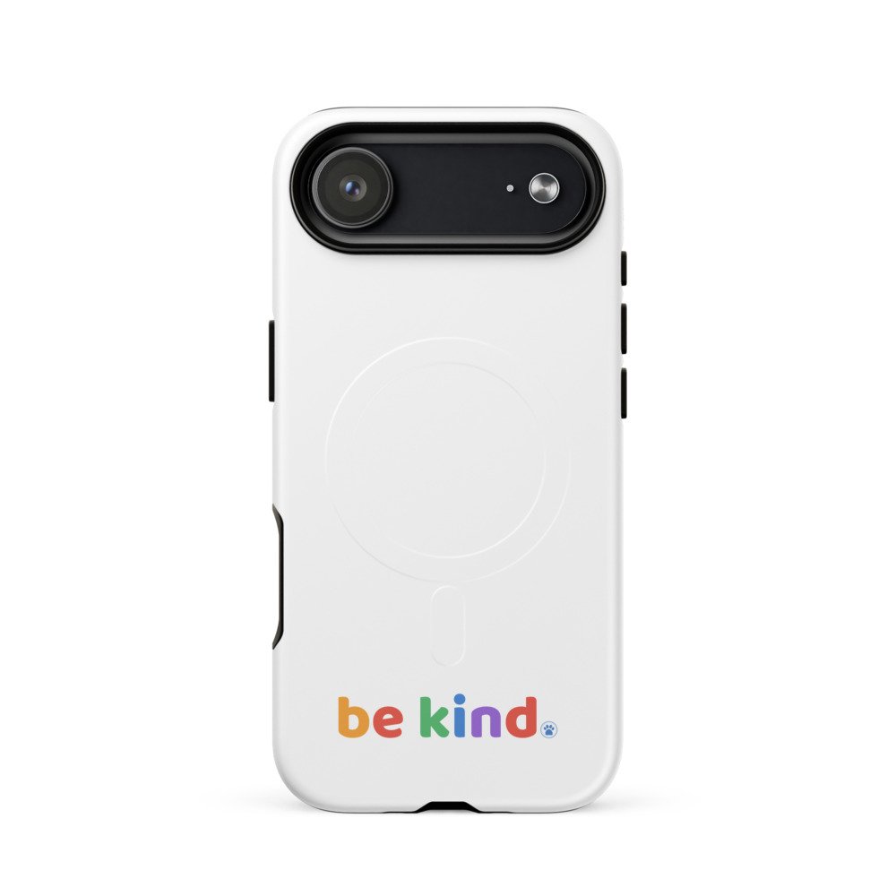 Be Kind MagSafe iPhone 17 Air case in matte white with the rainbow be kind mark