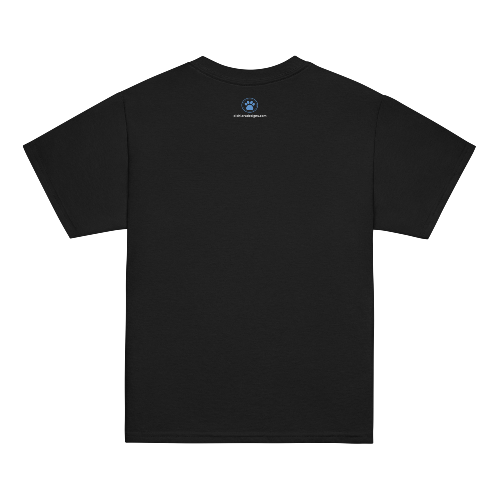 Back of a black kids' t-shirt with a small blue paw print between the shoulders