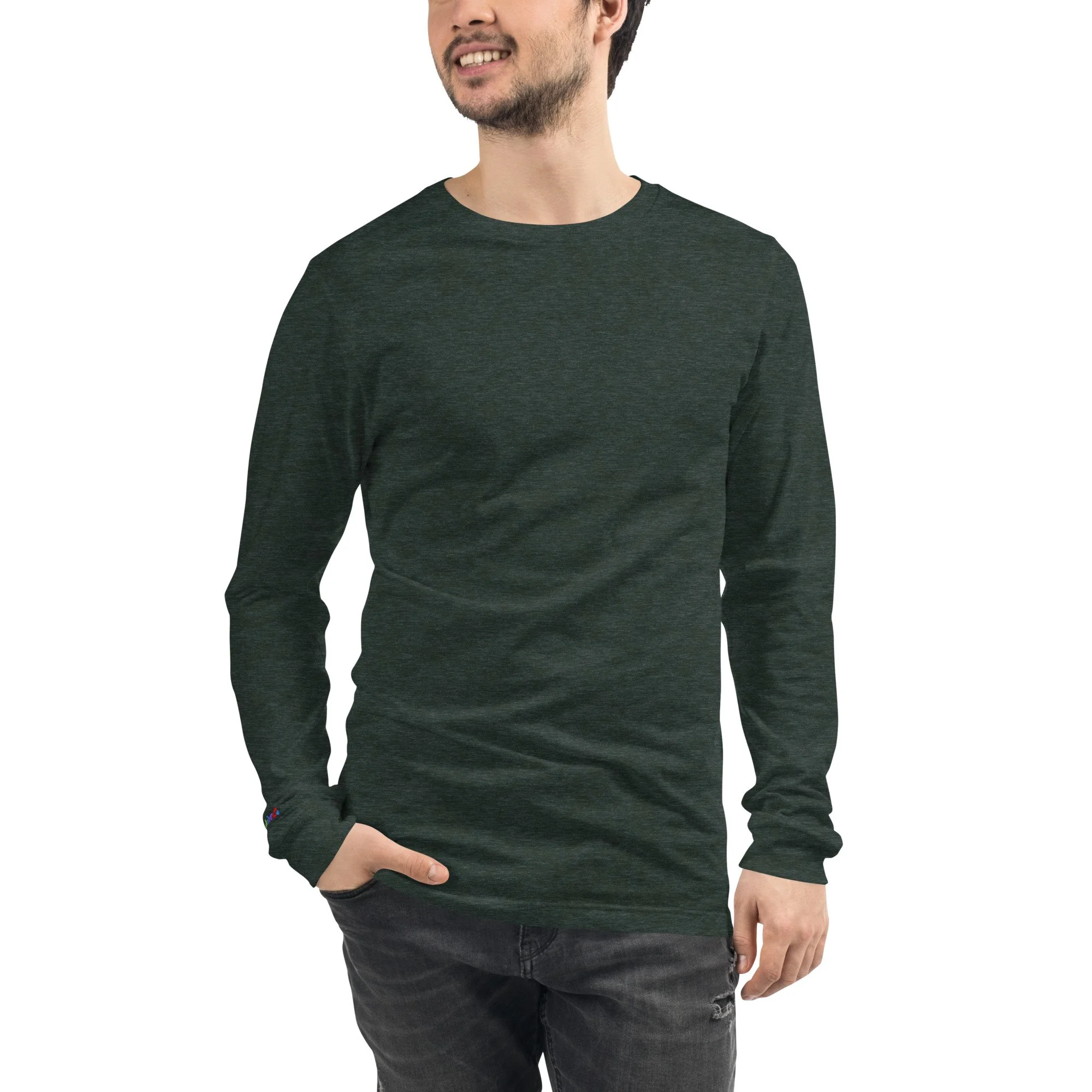 Man wearing a heather forest be kind long sleeve tee with the rainbow embroidery at his right wrist