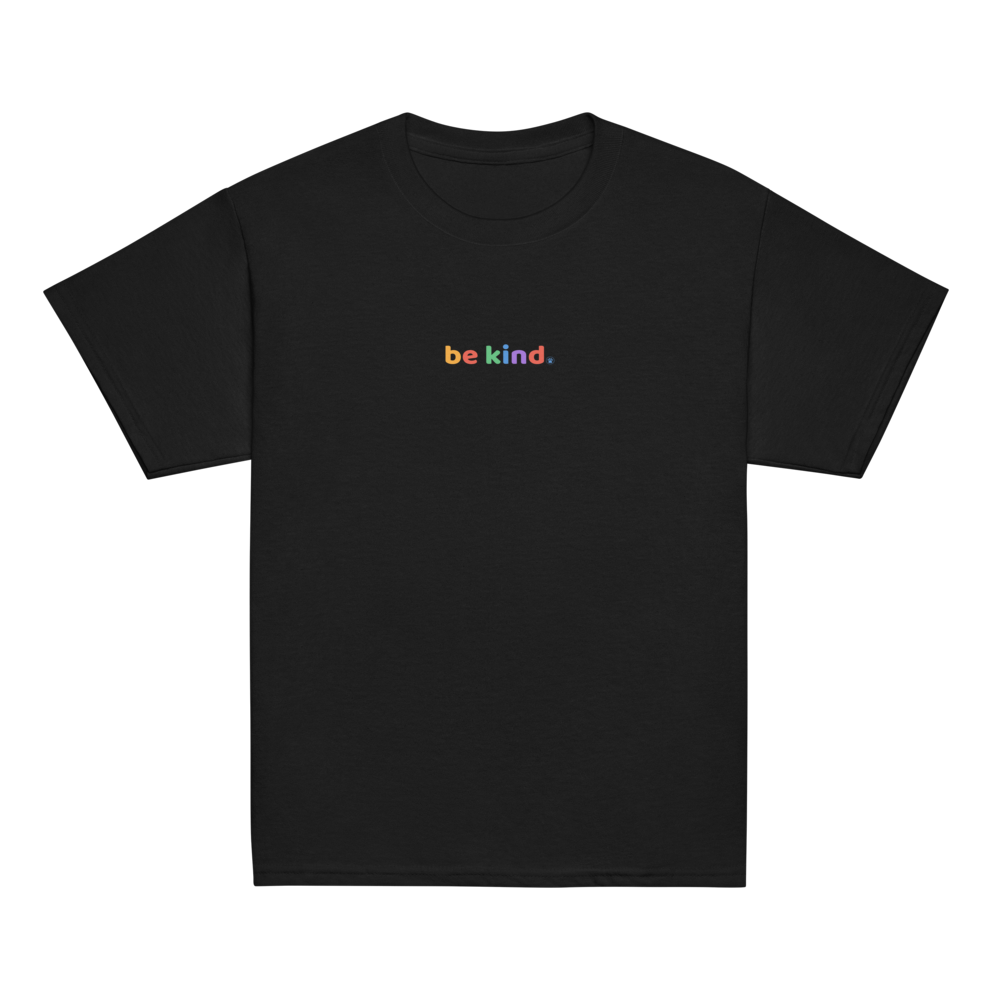 Black kids' t-shirt with a small rainbow be kind print on the chest