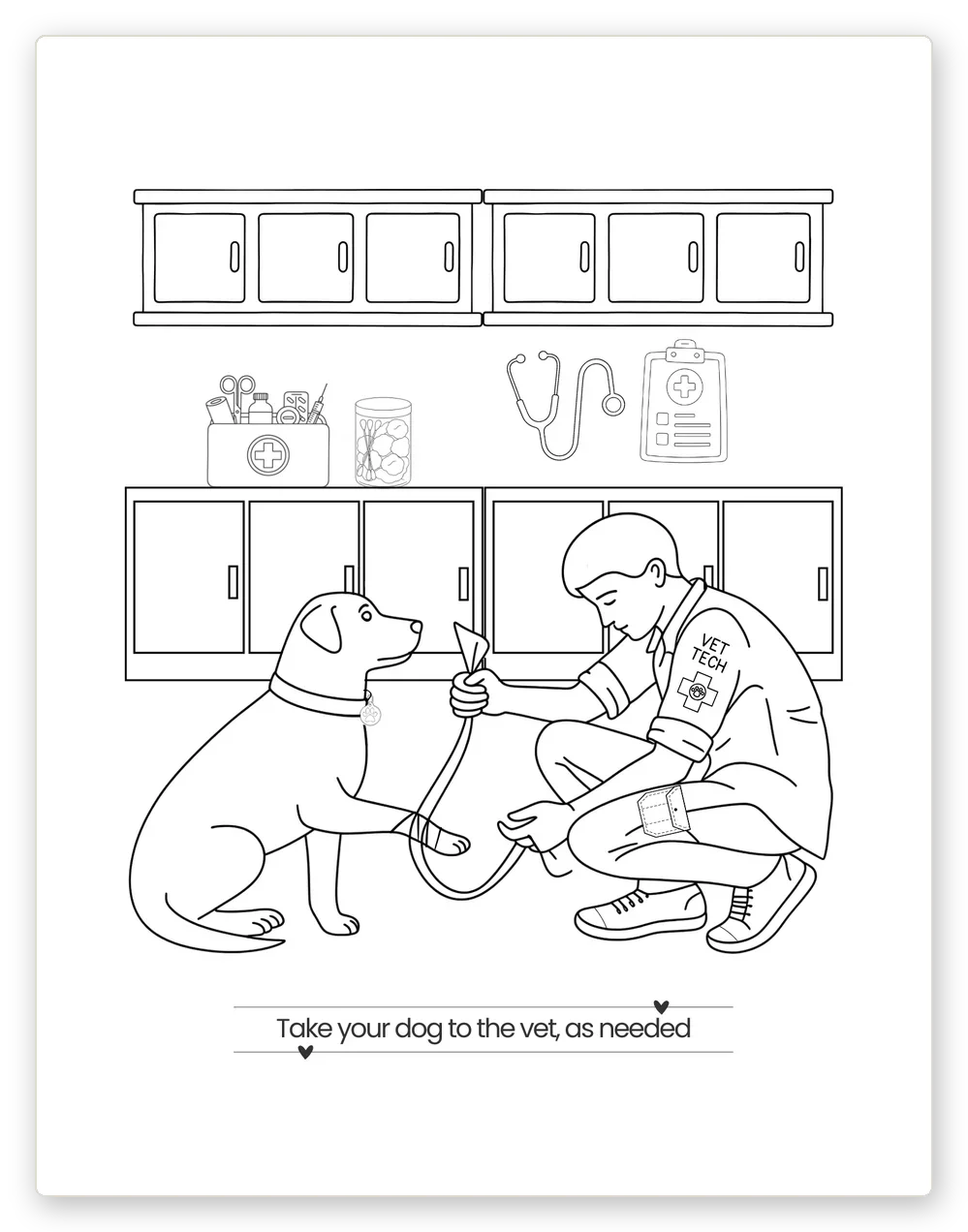 Coloring page of a vet tech checking a dog's paw at the vet's office — "Take your dog to the vet, as needed"