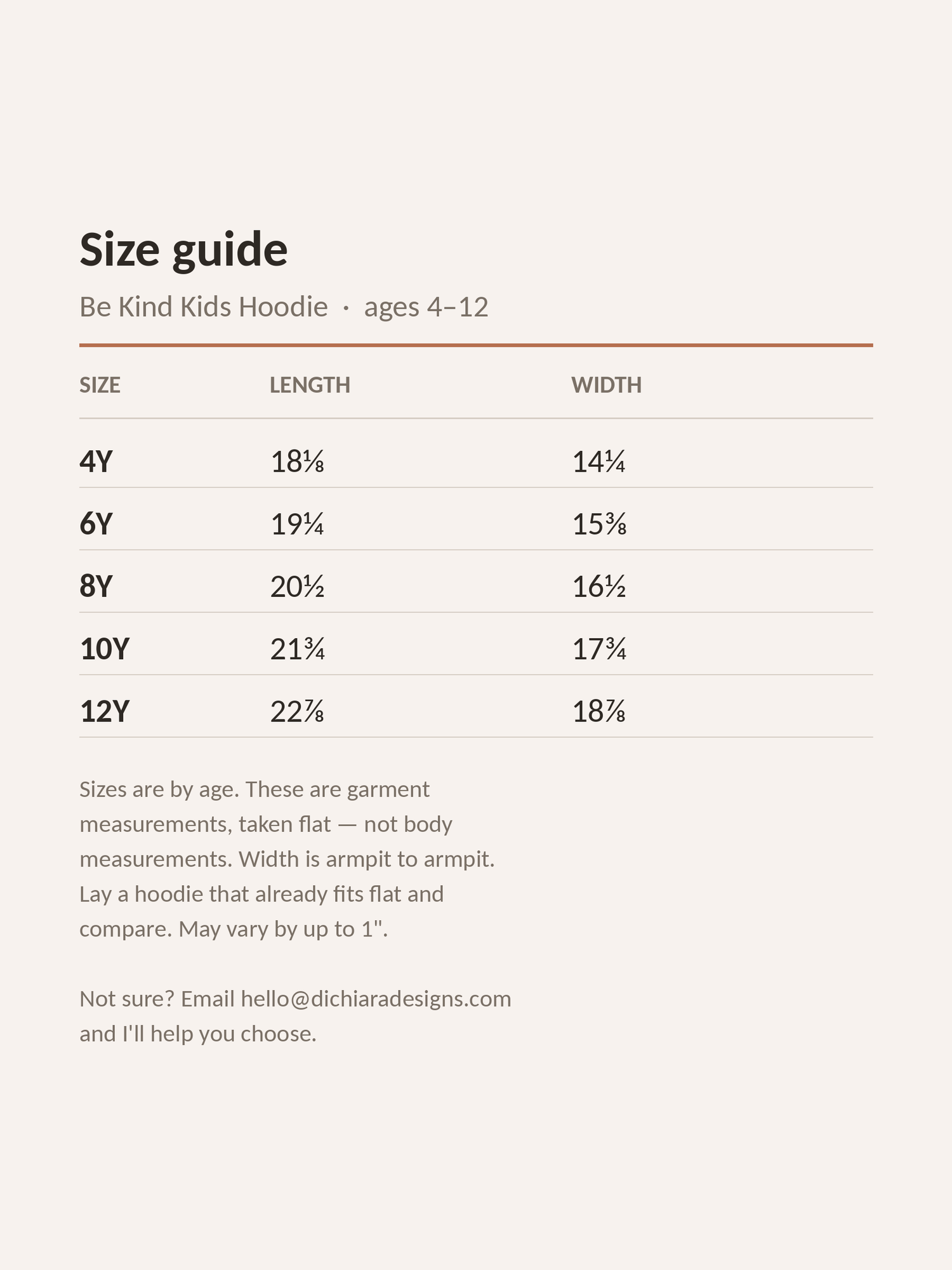 Size guide for the Be Kind Kids Hoodie, ages 4 to 12, with length and width measurements in inches