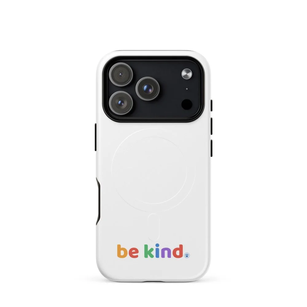 Be Kind MagSafe iPhone 17 Pro case in matte white with the rainbow be kind mark