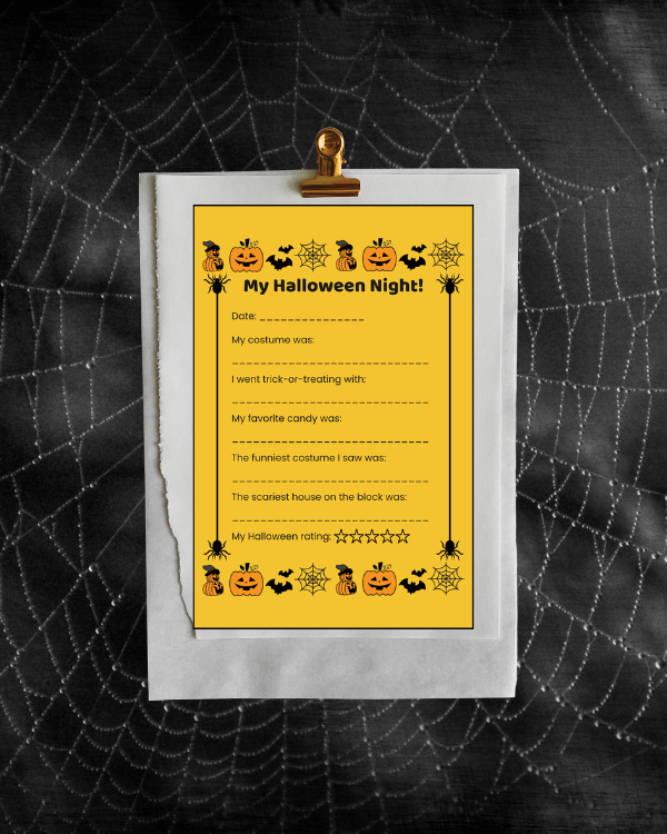 Interior page featuring “My Halloween Night" memory page from the Halloween Fun Activity Pack on Etsy. yellow background with halloween graphics
