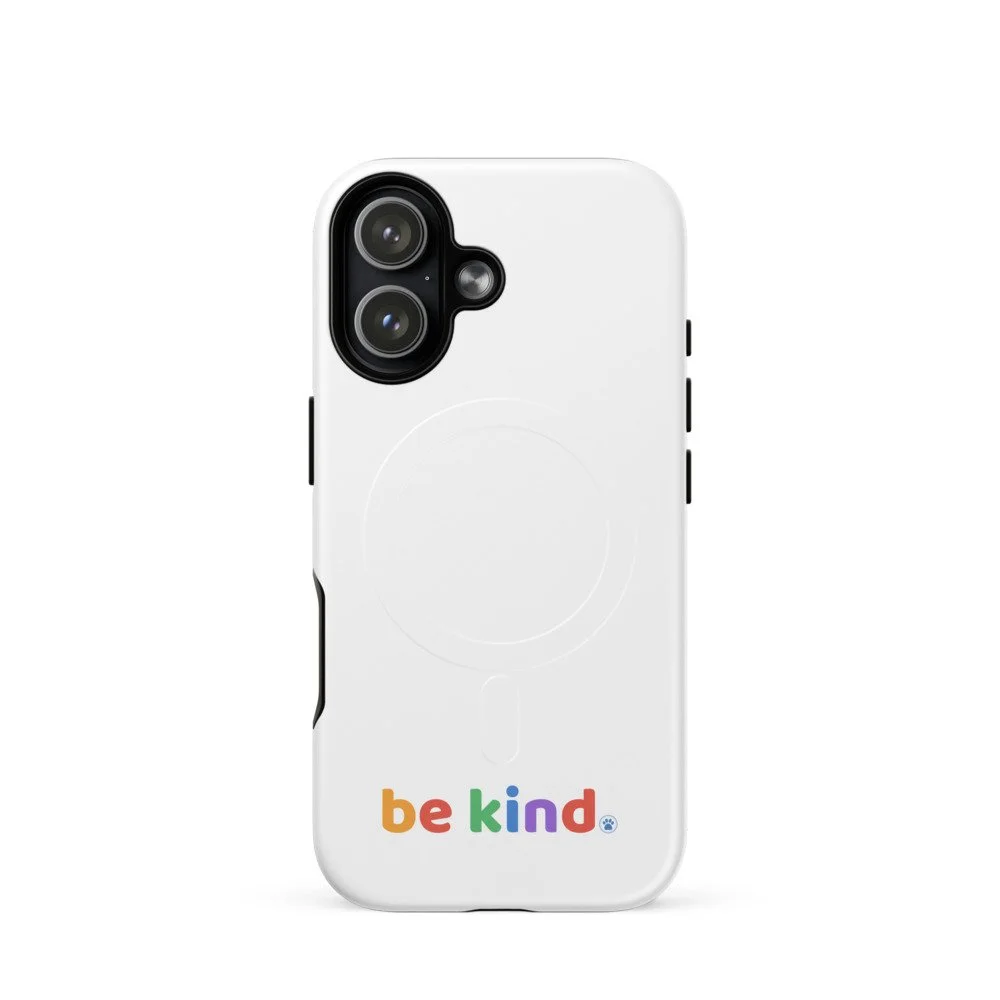 Be Kind MagSafe iPhone 17 case in matte white with the rainbow be kind mark