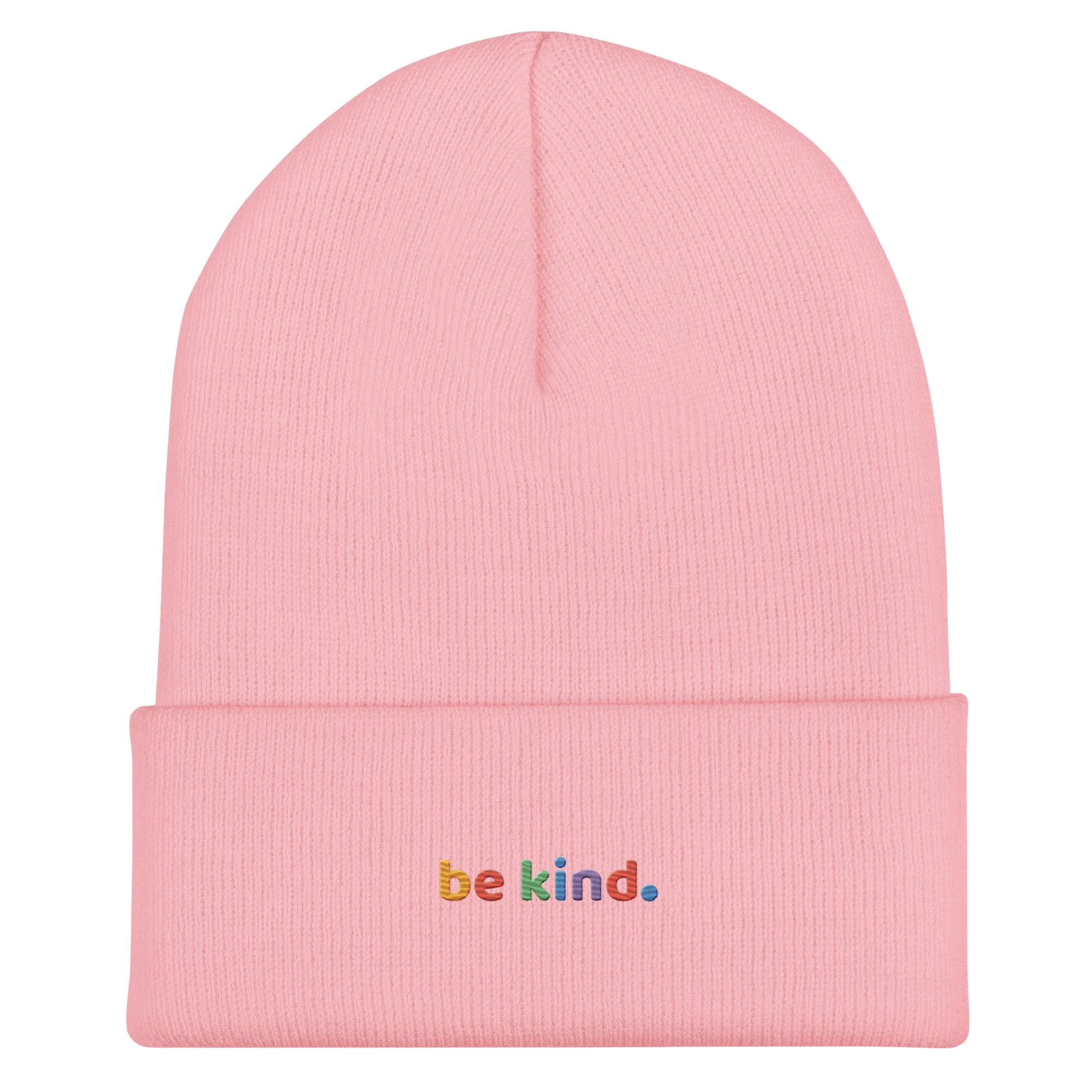 Baby pink cuffed beanie with the rainbow be kind embroidered on the cuff