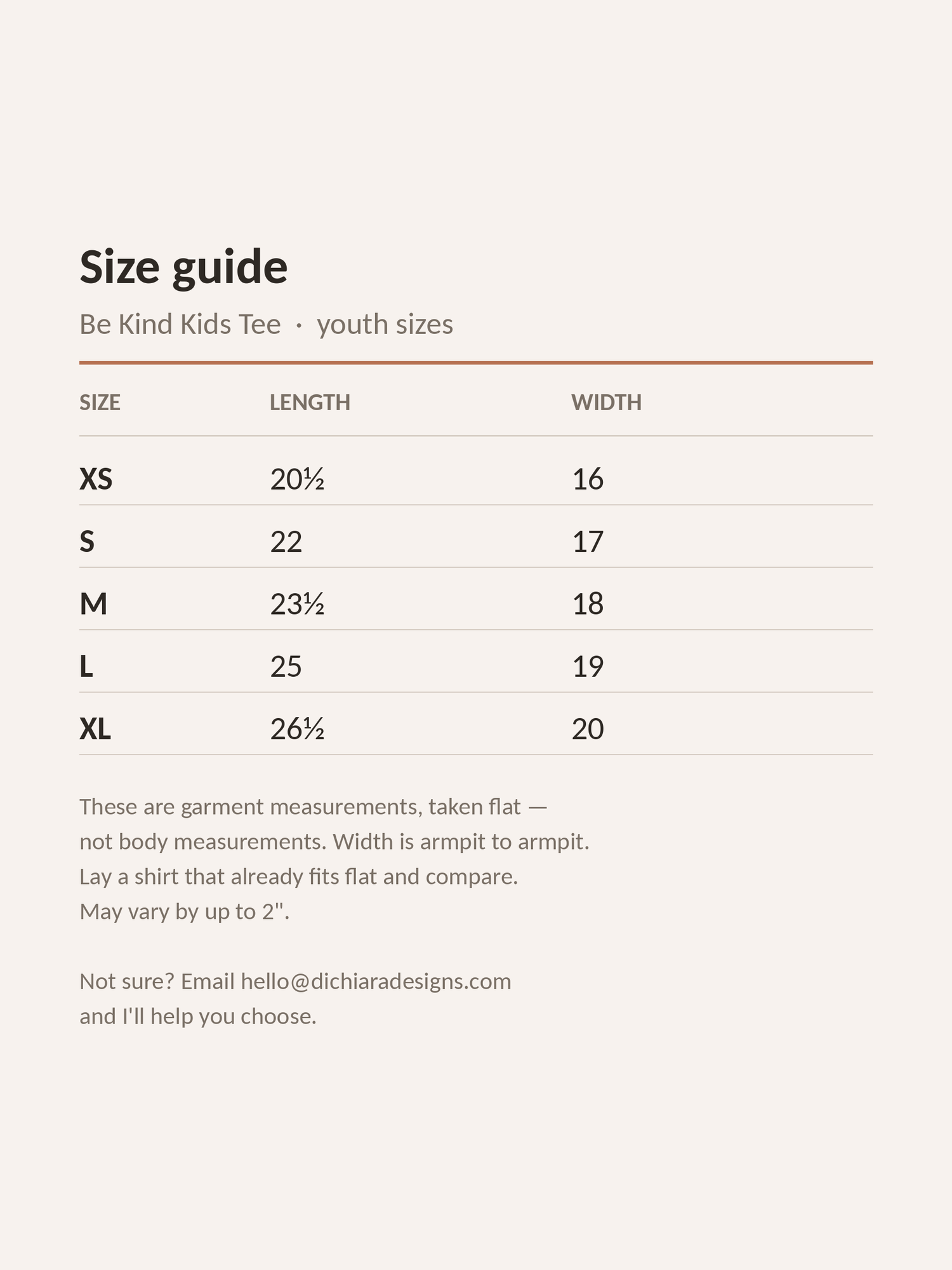 Size guide for the Be Kind Kids Tee, youth sizes XS to XL, with length and width measurements in inches