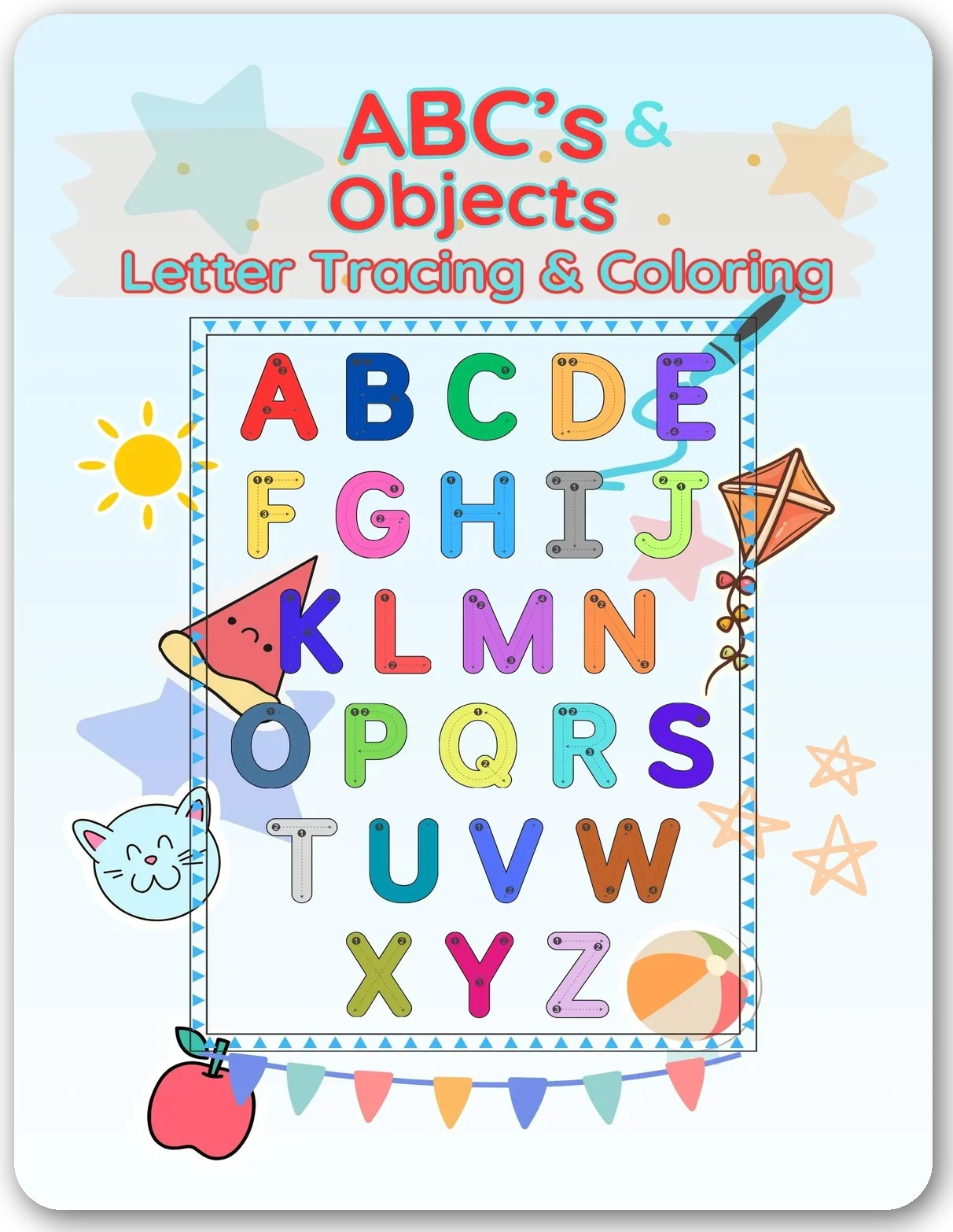 Colorful educational poster featuring the alphabet with letter tracing and coloring activities, decorated with sun, star, kite, cat, watermelon, and apple illustrations.