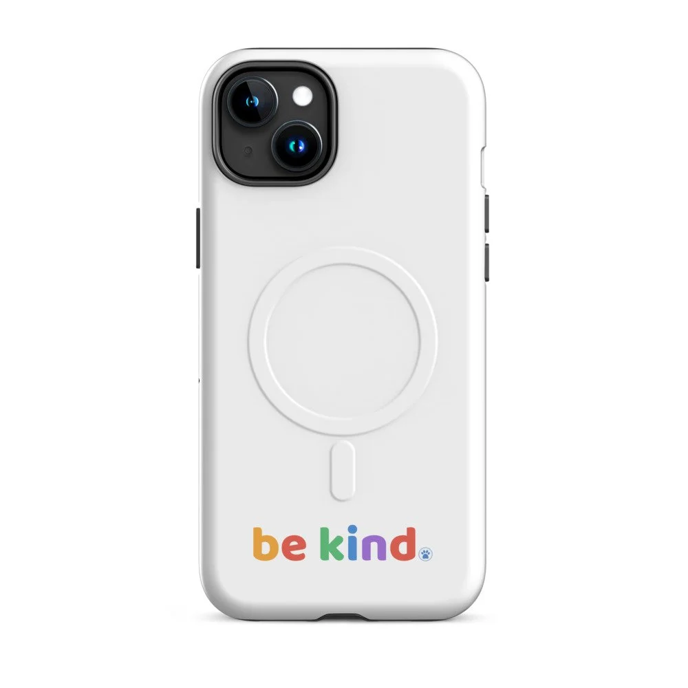 Be Kind MagSafe iPhone 15 Plus case in matte white, rainbow be kind mark below the MagSafe ring