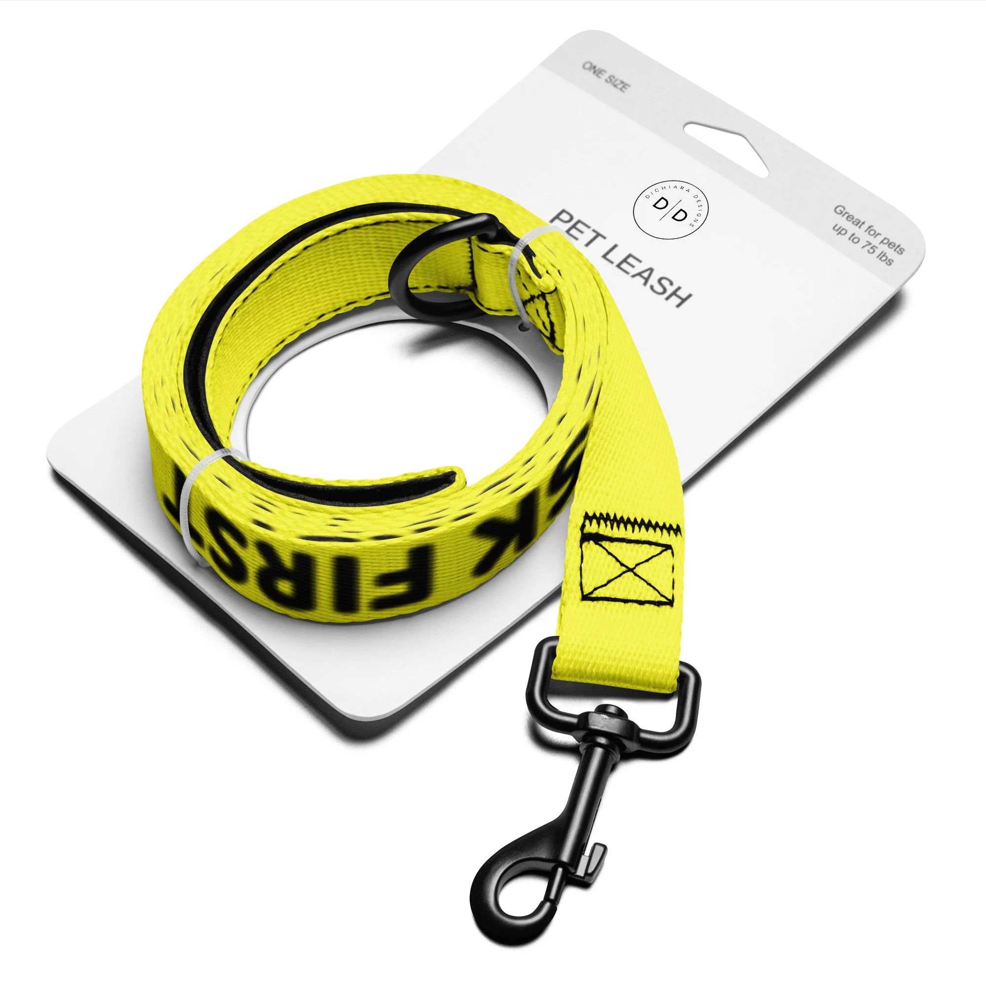 Yellow ASK FIRST leash with the DiChiara Designs logo