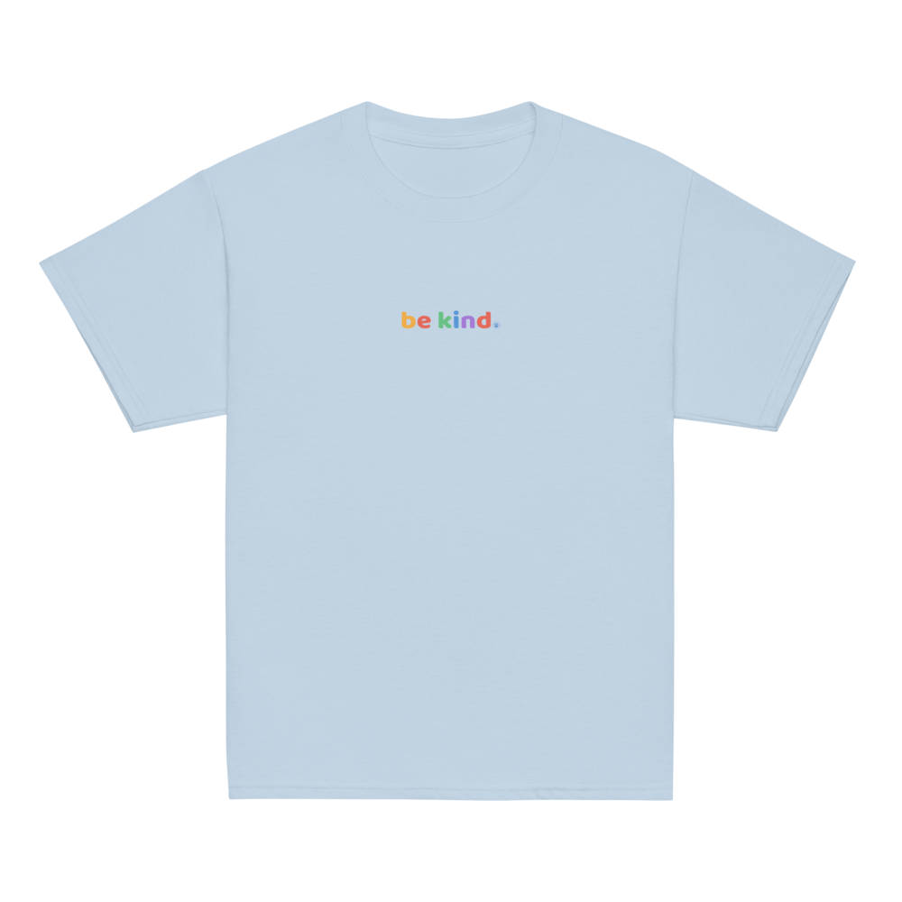 Light blue kids' t-shirt with a small rainbow be kind print on the chest