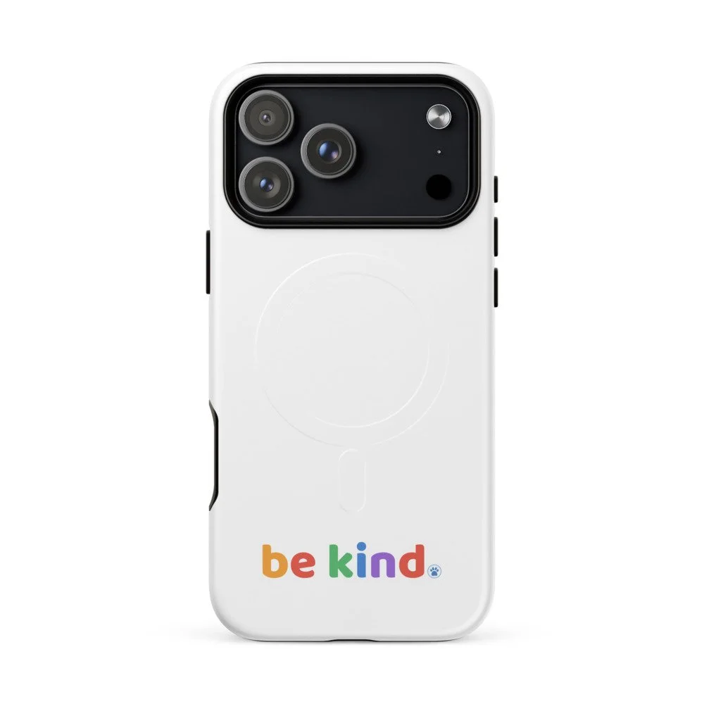 Back of the Be Kind MagSafe iPhone 17 Pro Max case with the rainbow be kind mark