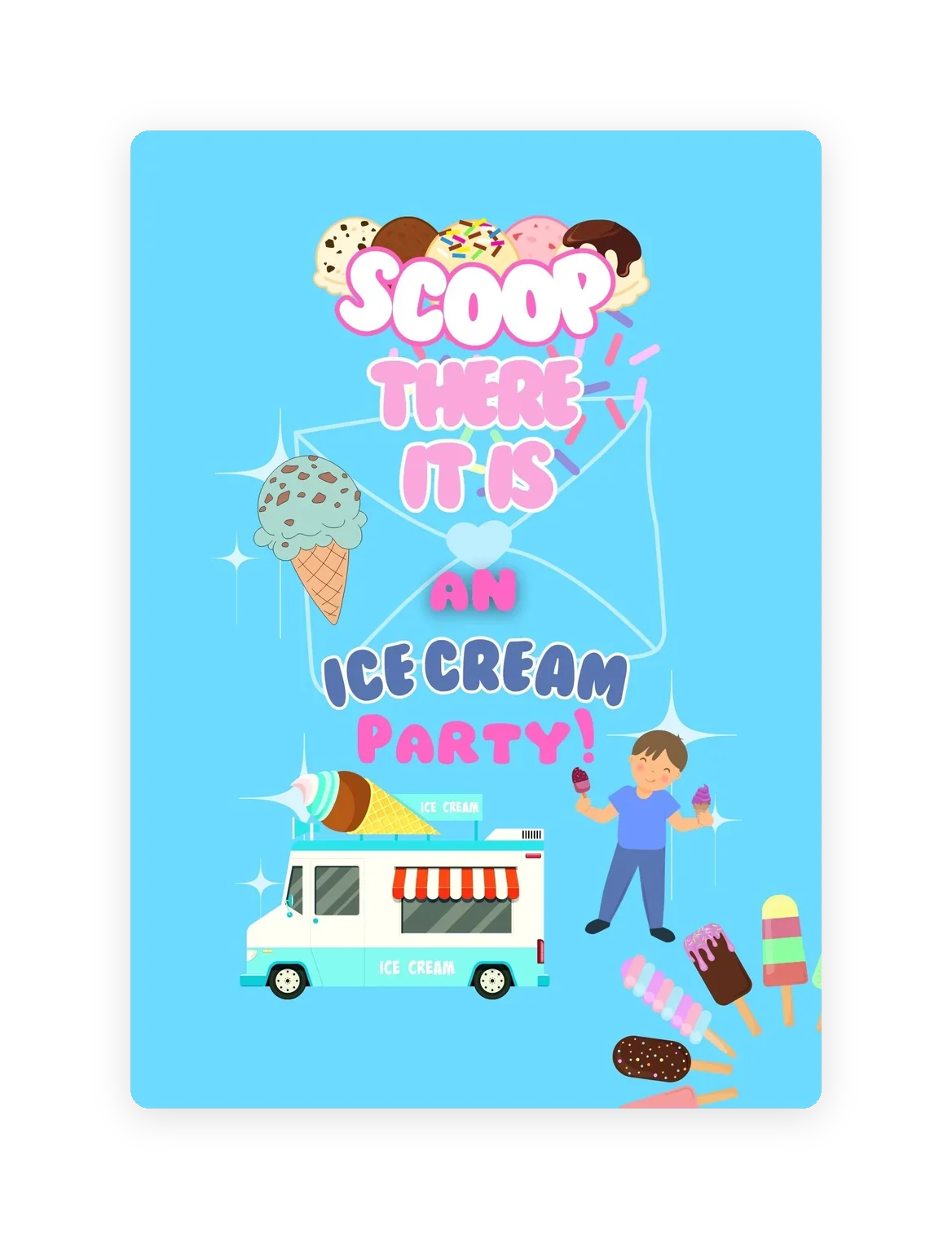 Scoop, There It Is! ice cream coloring book — cartoon cover with cones, popsicles, a boy, and an ice cream van. A party-themed coloring book for kids.