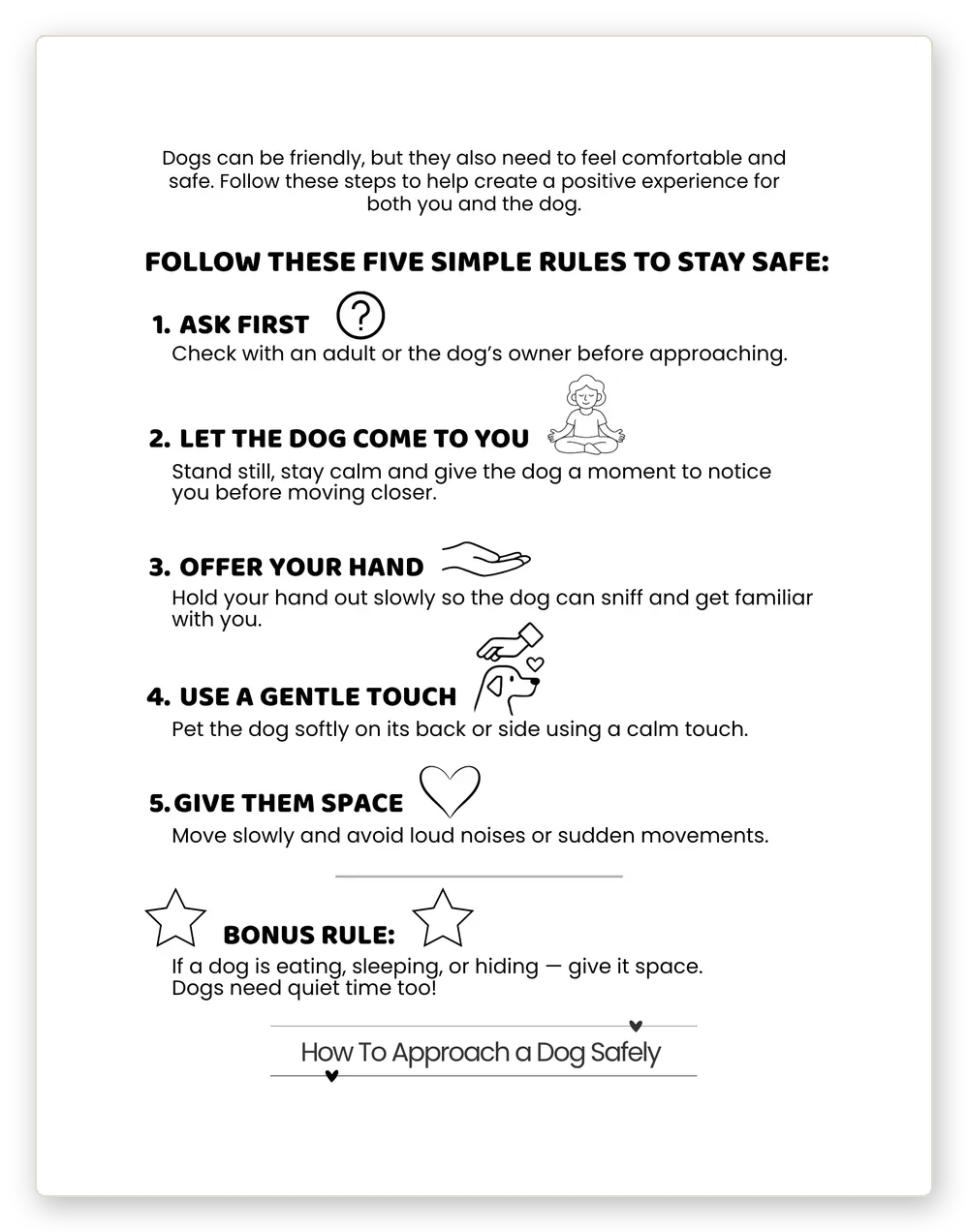Dog safety page with five rules kids can count on one hand: ask first, let the dog come to you, offer your hand, use a gentle touch, give them space.