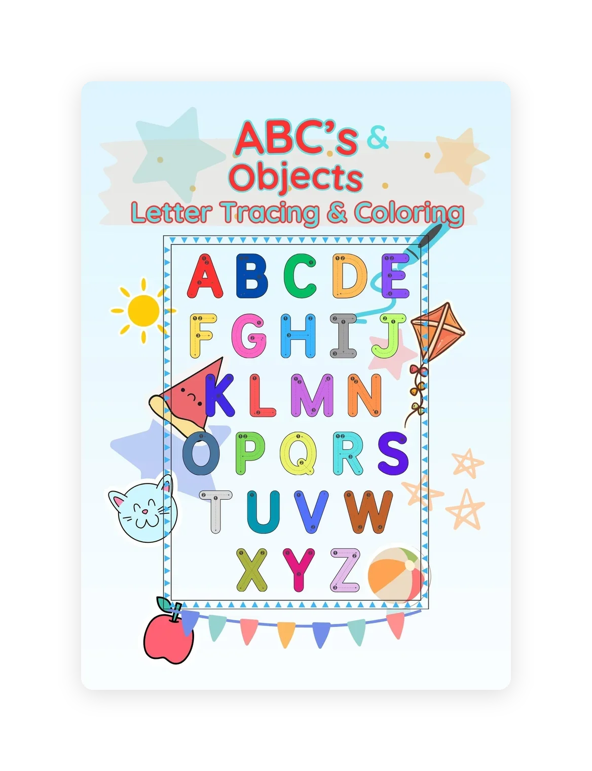 ABCs and Objects coloring book — alphabet letters with a cat, kite, sun, beach ball, and apple. Letter tracing and coloring for early learners.