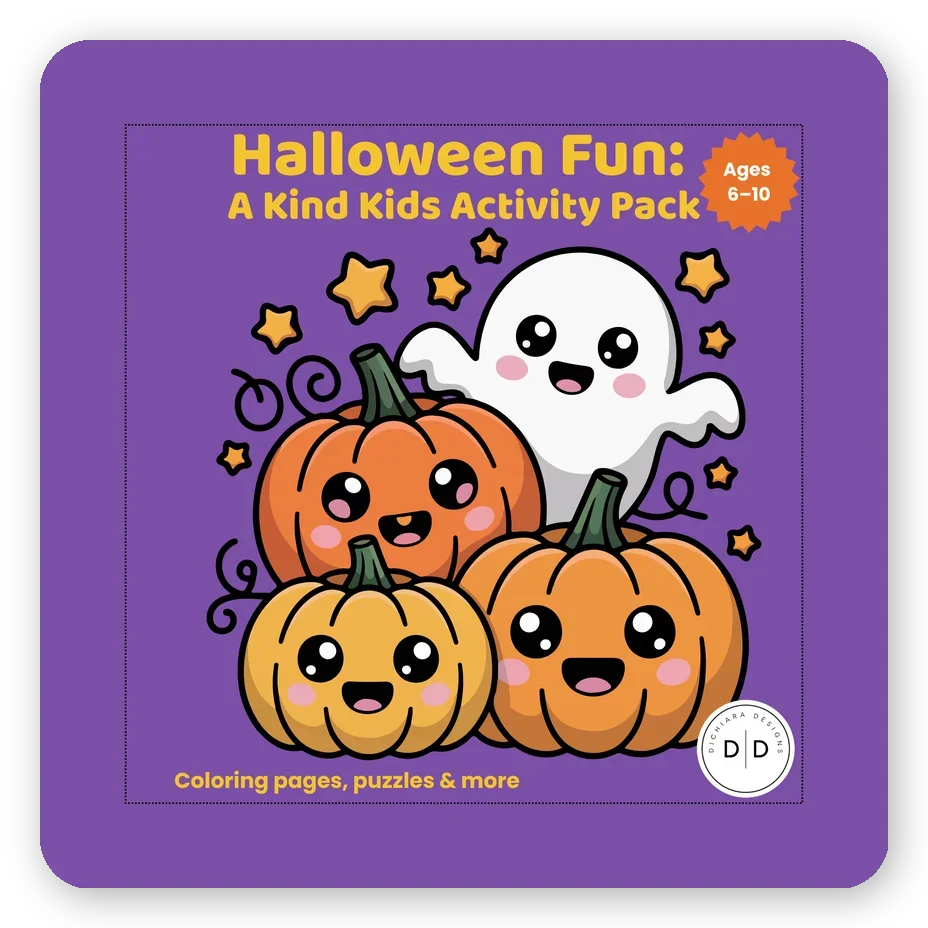 Halloween Fun: A Kind Kids Activity Pack — coloring pages, puzzles, and activities for ages 6–10. Cover with cartoon pumpkins and a friendly ghost.