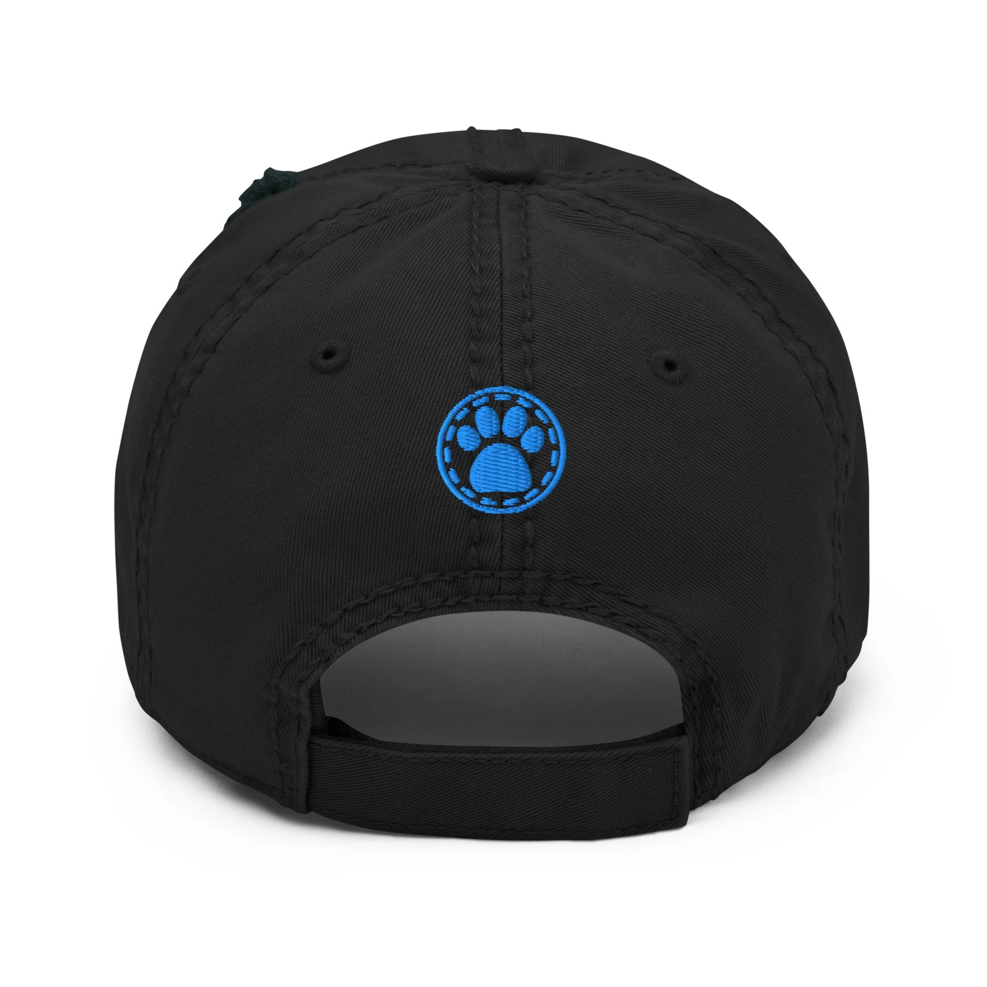 Back of the black dad hat with a small blue paw print above the adjustable strap