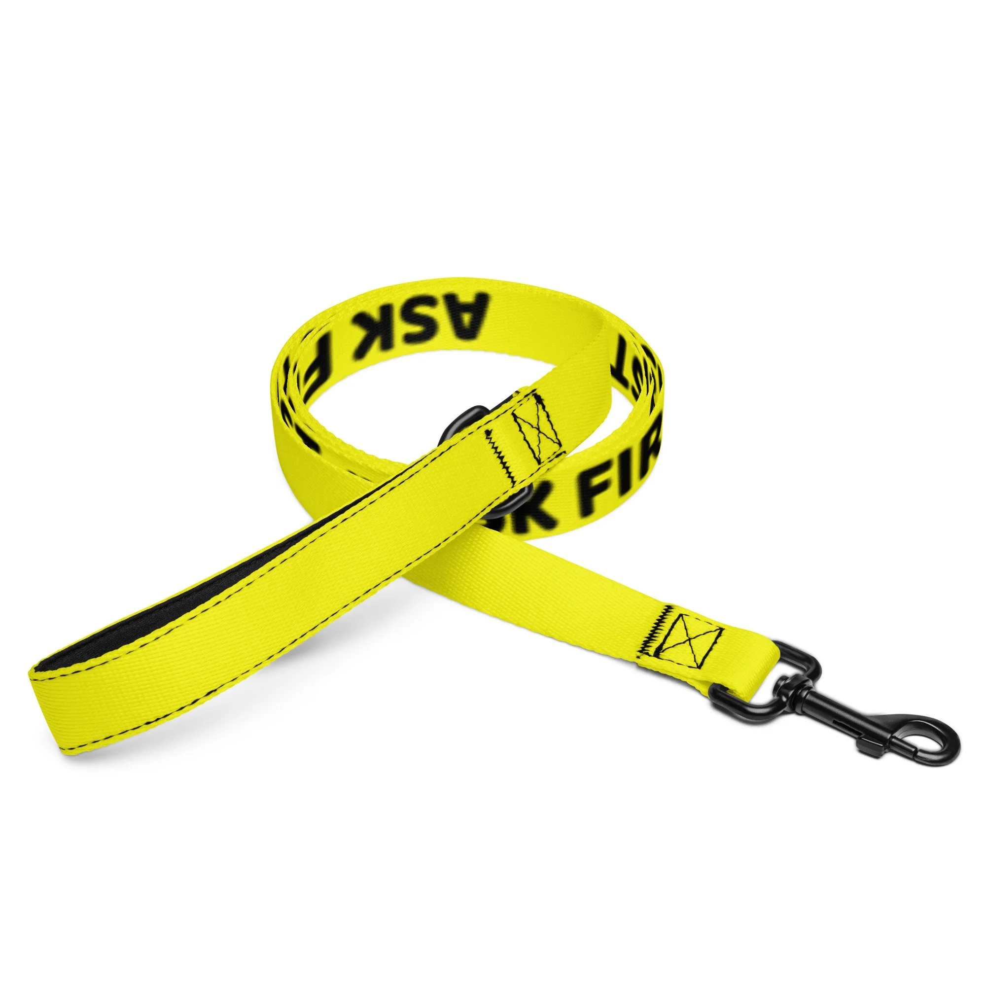 Close-up of the padded handle on the yellow ASK FIRST leash