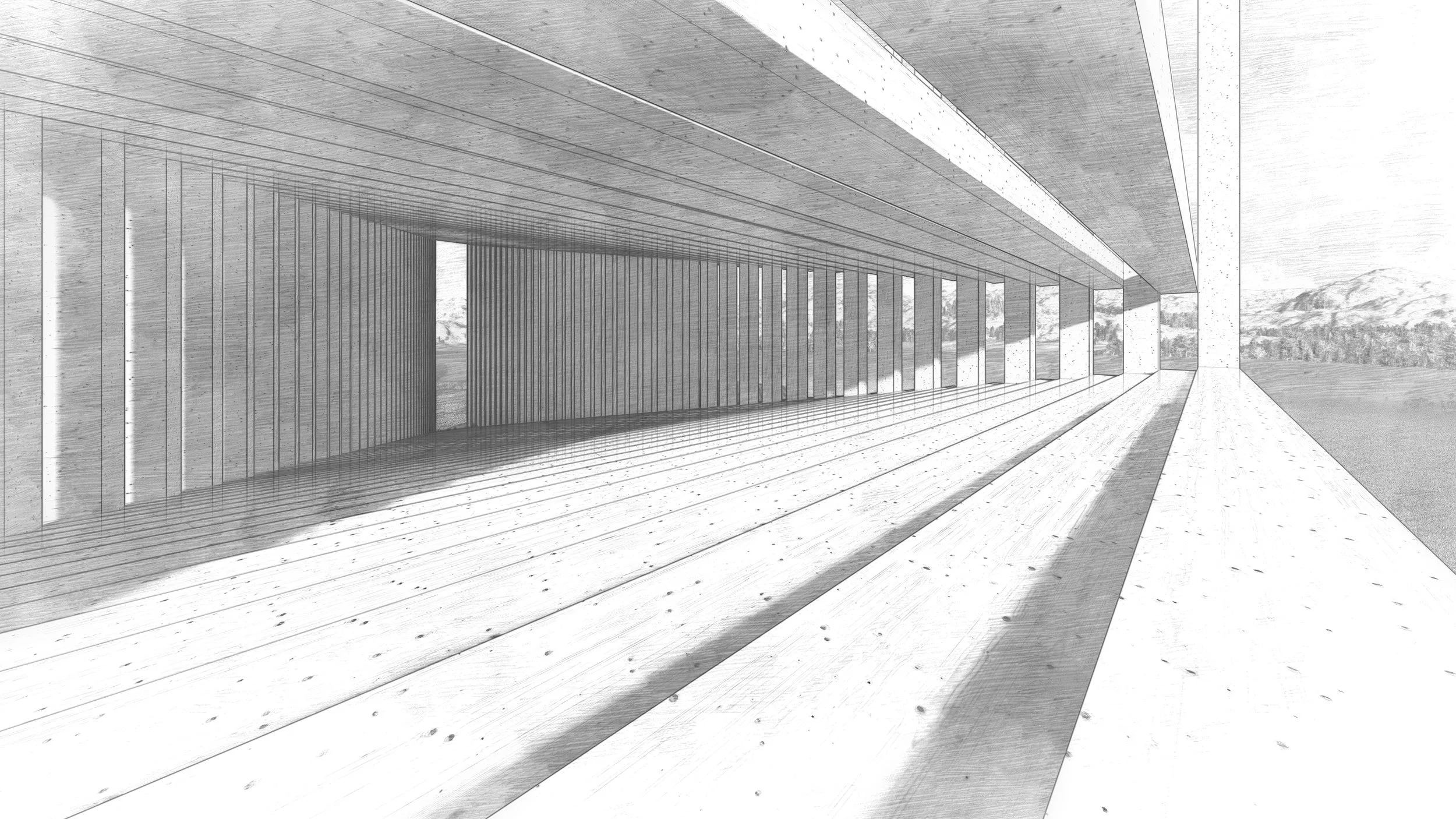 FRAME OF VIEW |  
A large outdoor pavilion organized around a large interior volume. A narrow vertical entry expands into an elevated panoramic chamber. 