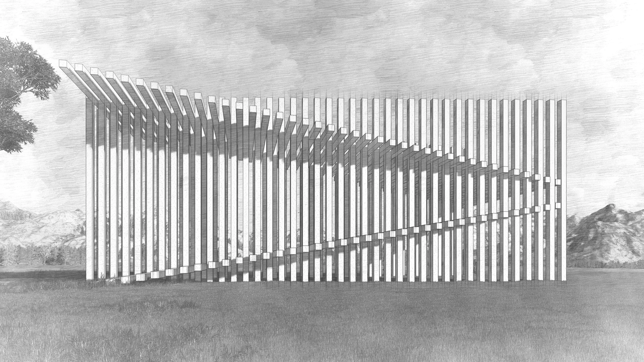 FRAME OF VIEW |  
A large outdoor pavilion organized around a large interior volume. A narrow vertical entry expands into an elevated panoramic chamber. 