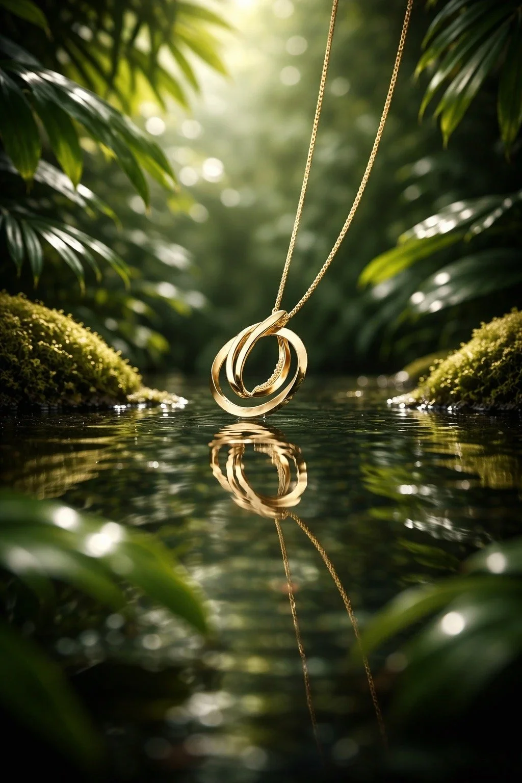 A gold necklace with two interlinked rings pendant hanging above a water surface in a lush, green forest setting with sunlight filtering through dense foliage.
