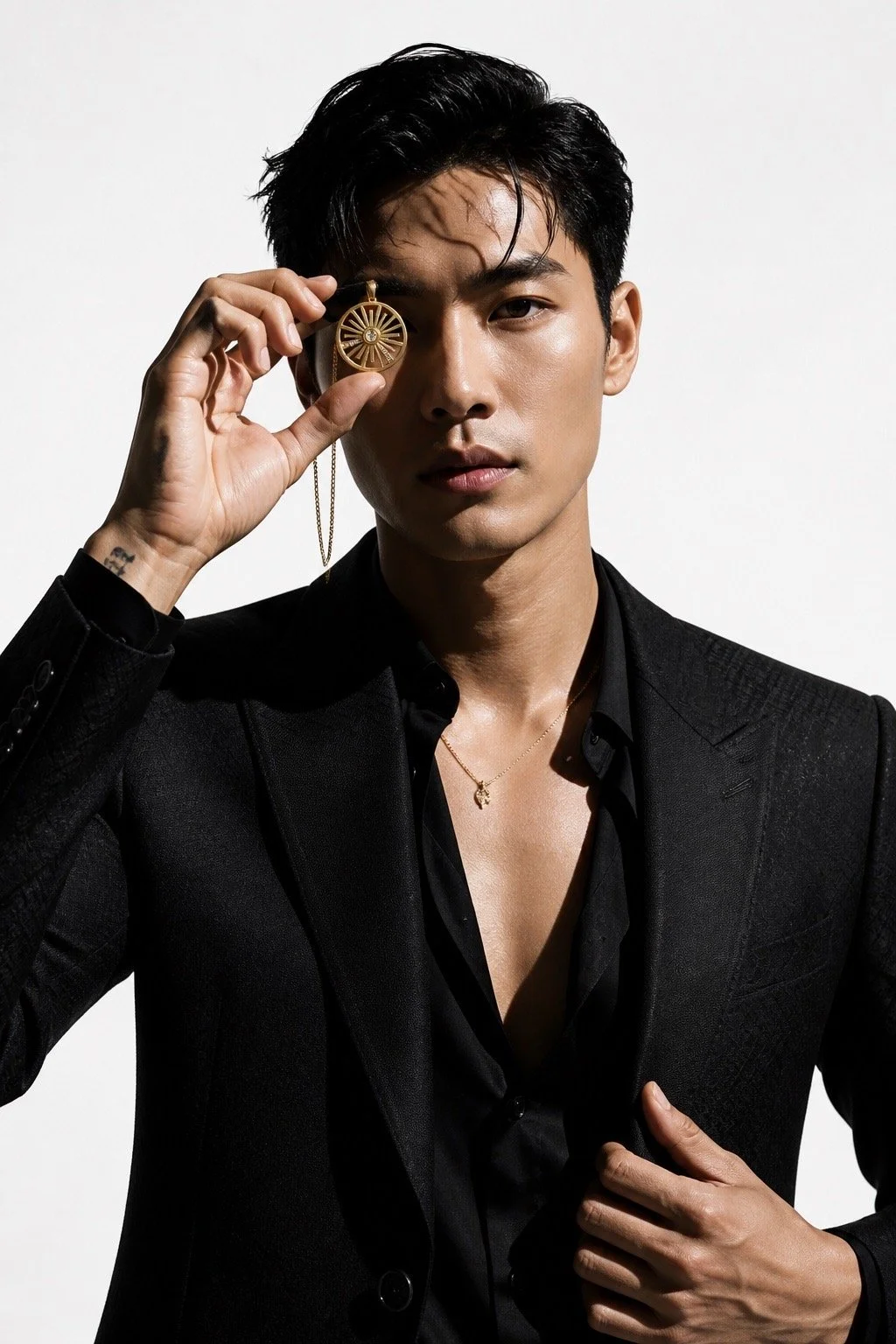 A young man with black hair wearing a black suit and shirt, holding a gold circular pendant with a wheel design up to his left eye, against a white background.