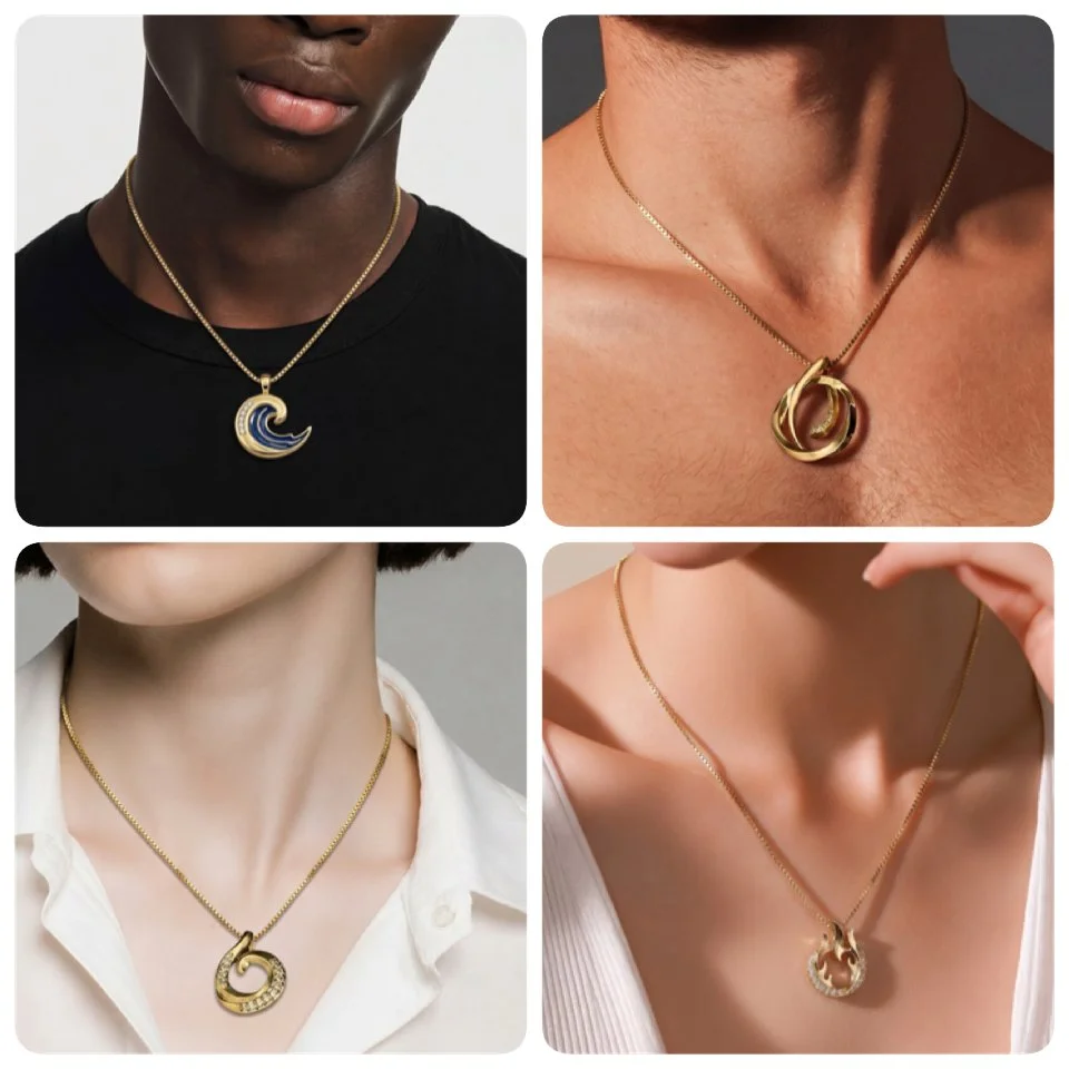 Four different women wearing gold necklaces with various pendant designs.
