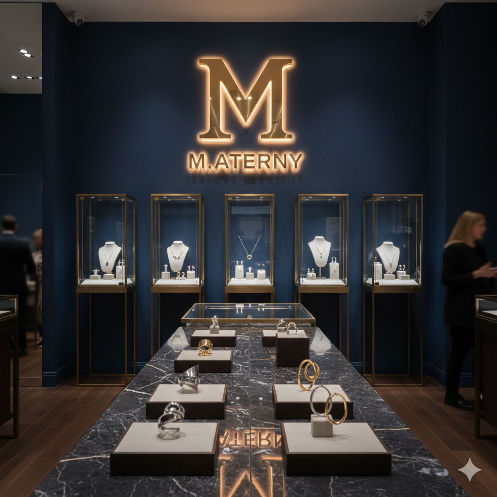 Jewelry display in a store with a large illuminated 'M' and 'M.amatery' sign on a dark blue wall, showcasing rings, necklaces, and bracelets in glass cases and on display tables.